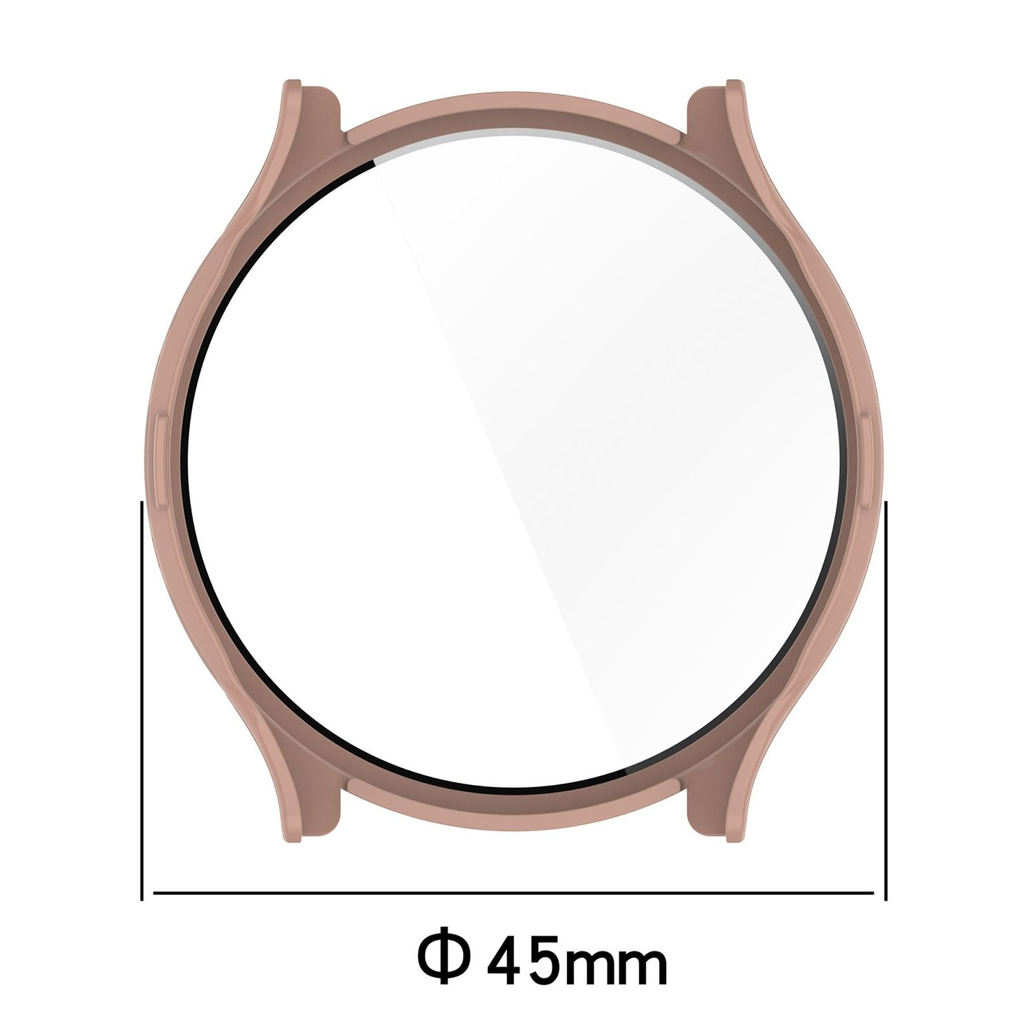 Eine rosafarbene Uhrenhülle mit transparentem Bildschirm, der 45 mm misst.
