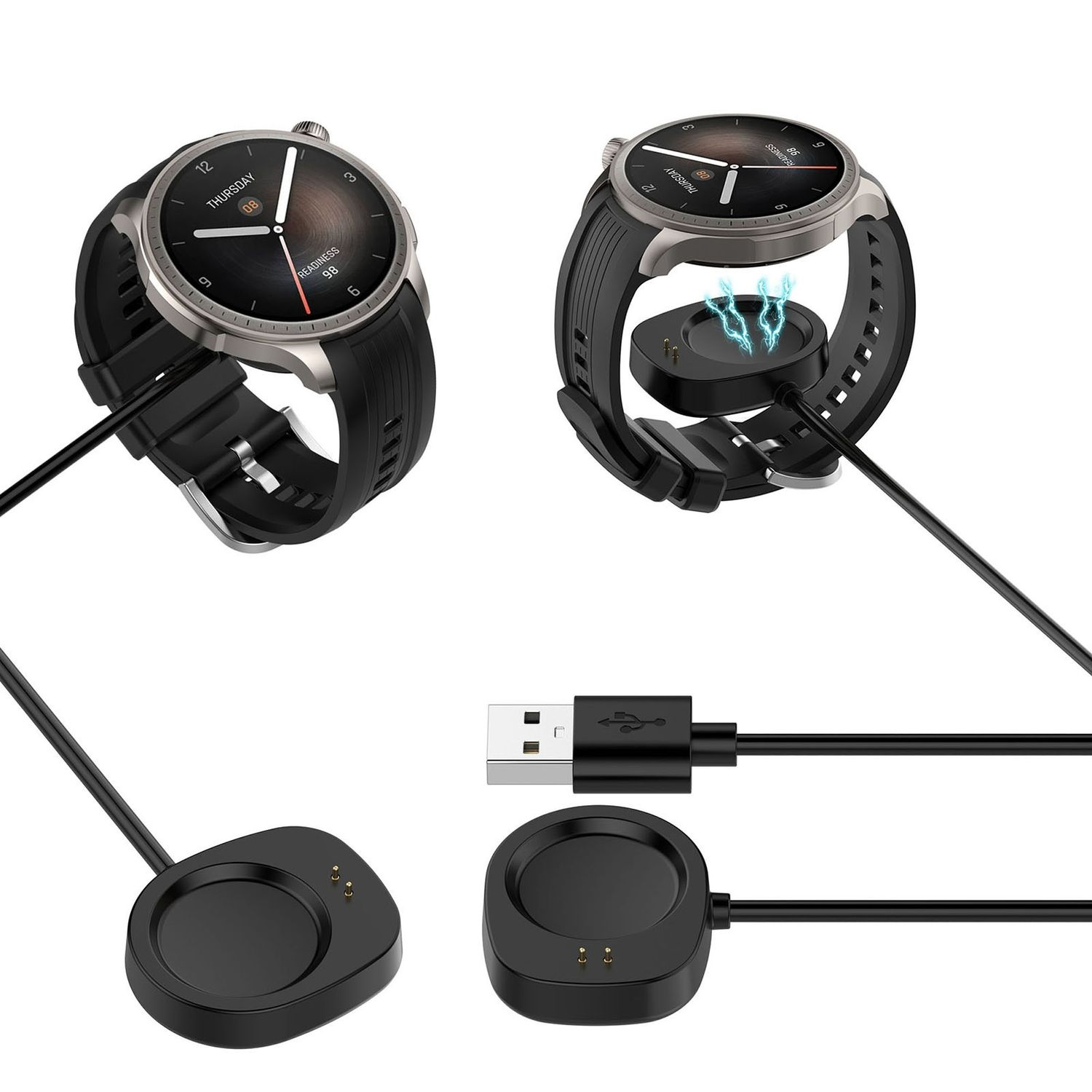 Zwei Smartwatches und Ladestationen. Eine Uhr befindet sich auf der Station.