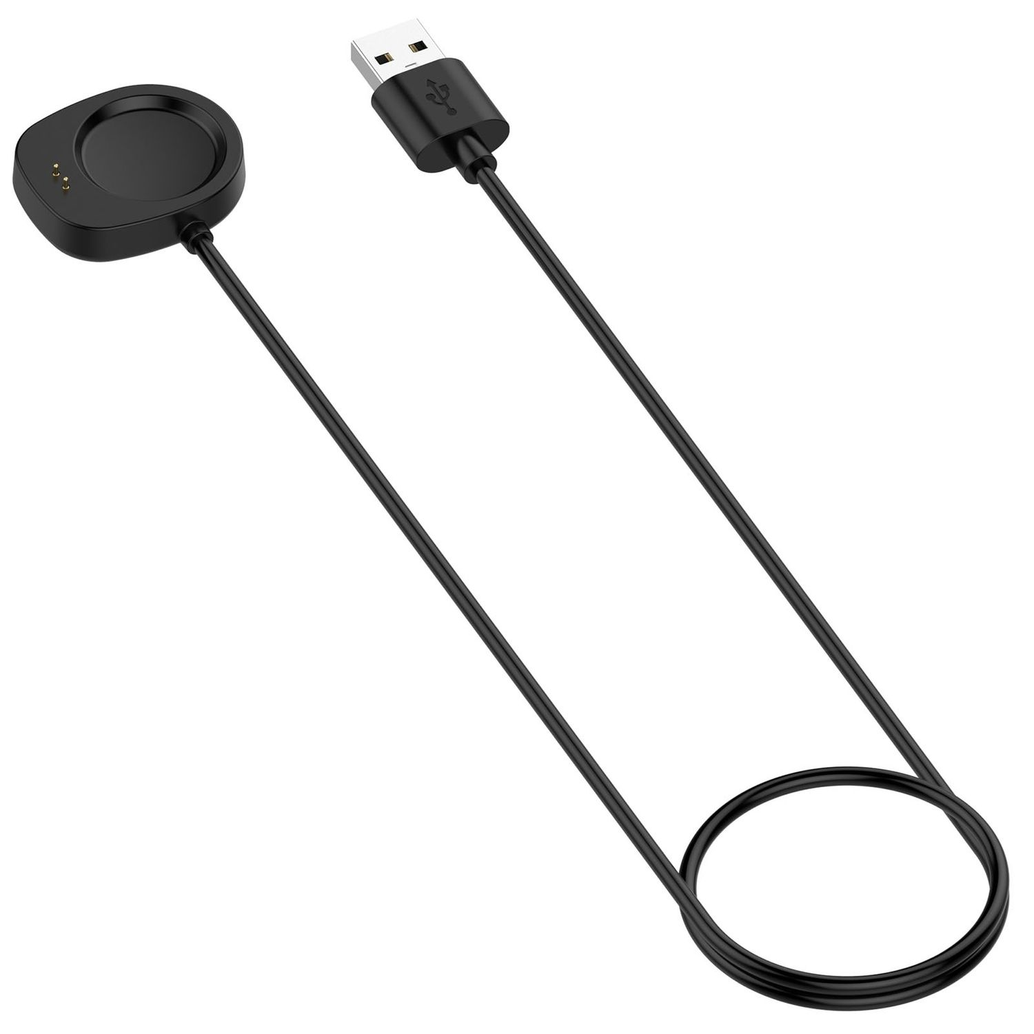Schwarzes Smartwatch-Ladekabel mit USB-Anschluss und Ladepad.
