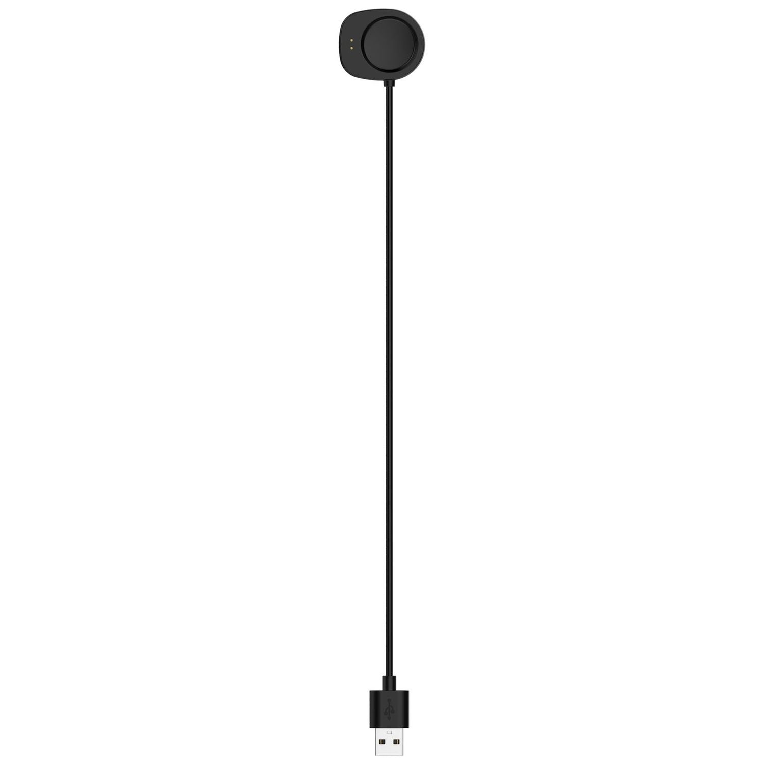 Ein schwarzes Smartwatch-Ladekabel mit USB-Anschluss und runder Ladebasis.