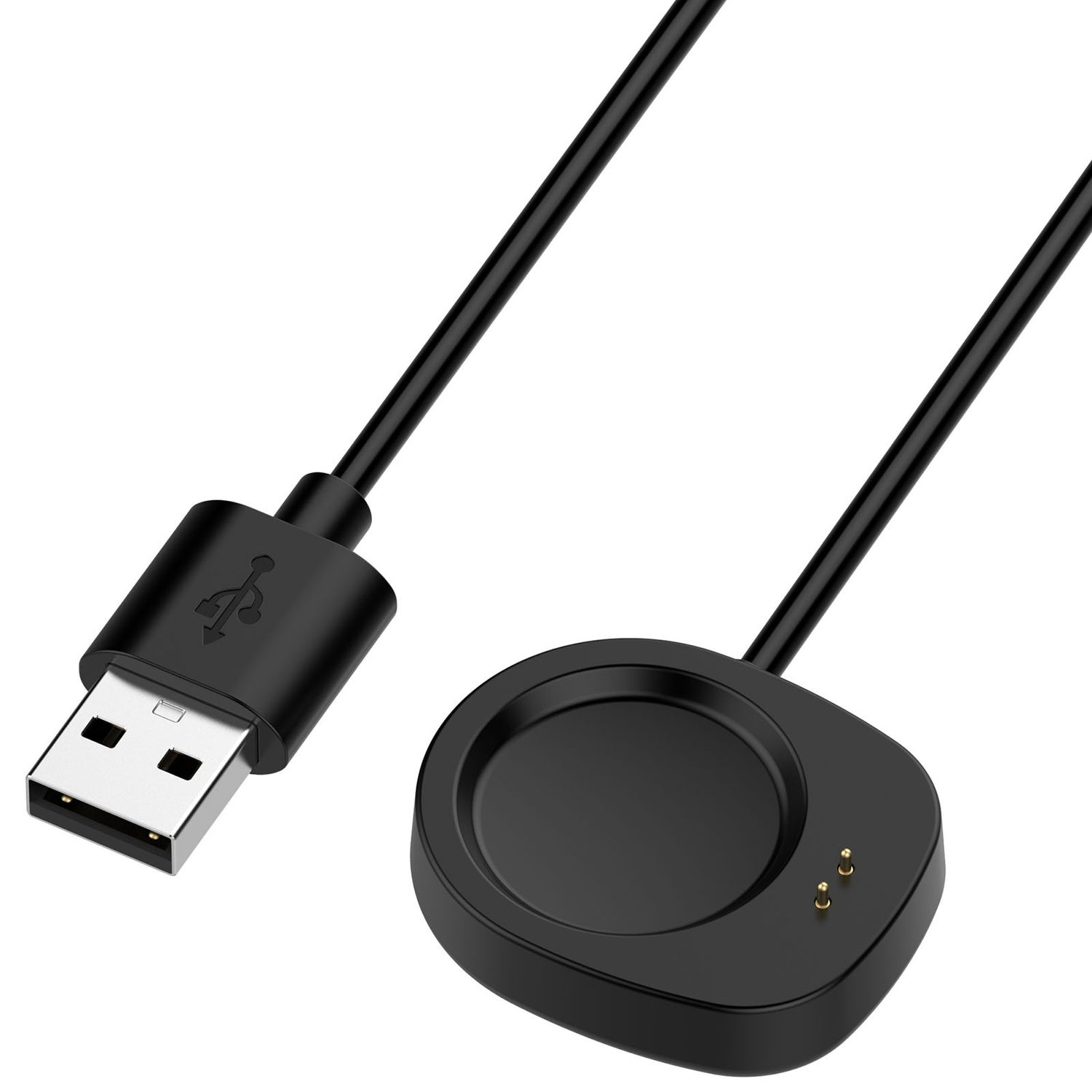 Schwarzes USB-Ladekabel mit USB-Anschluss und kreisförmiger Ladestation.