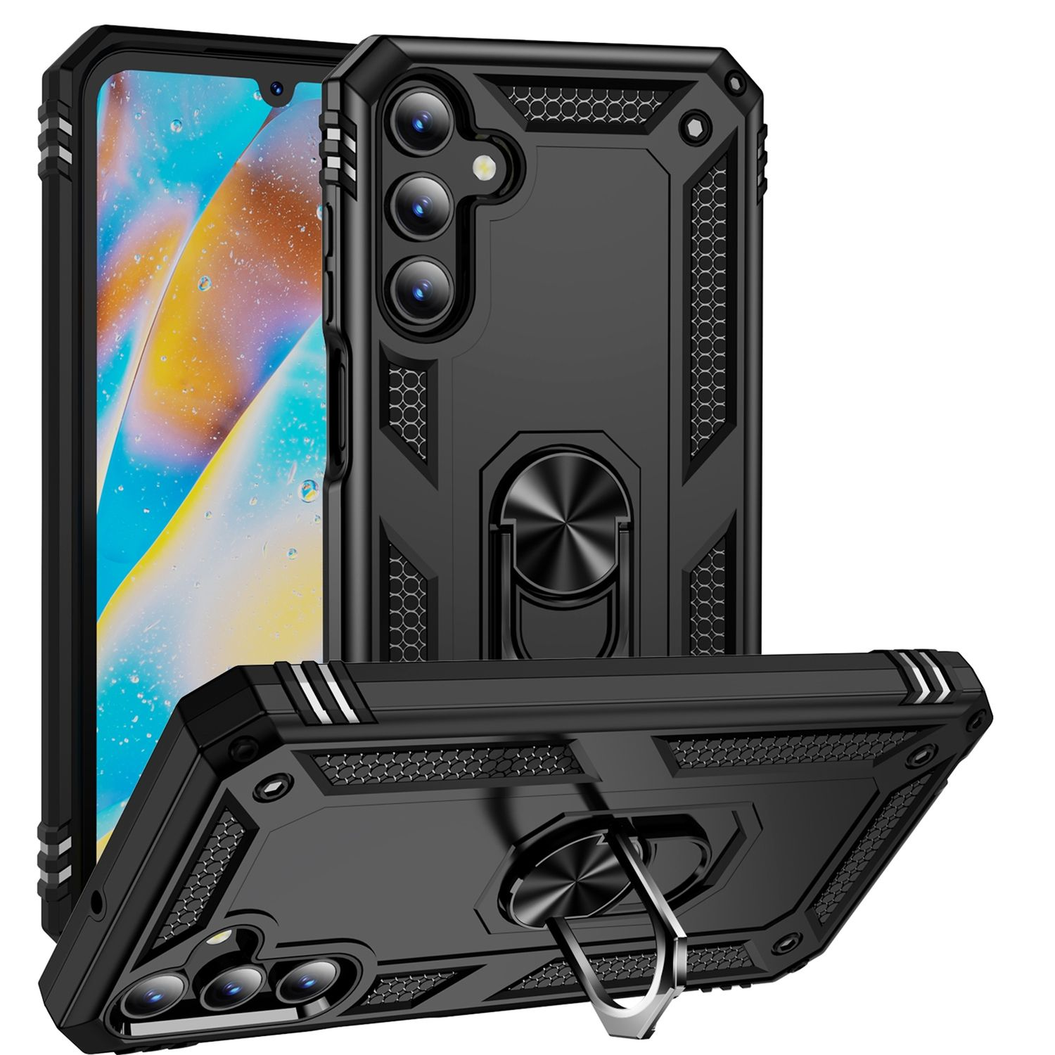 Schwarze Handyhülle mit Ringhalter, bedeckt ein Telefon mit farbenfrohem Hintergrund.