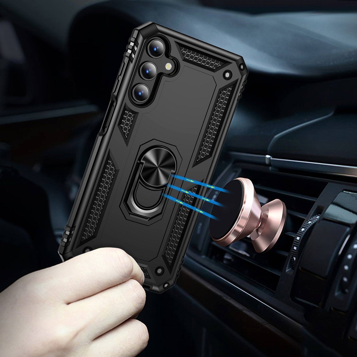 Eine Handyhülle mit Ringhalterung ist an einer magnetischen Lüftungshalterung im Auto befestigt.