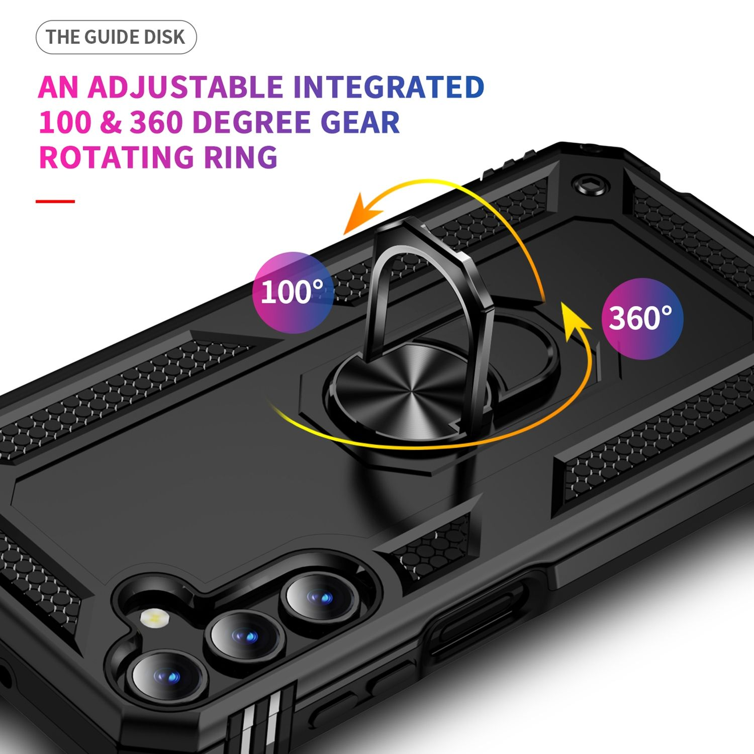 Schwarze Handyhülle mit drehbarem Ring. Pfeile zeigen 100 und 360 Grad Drehung. Text: Einstellbarer Drehring.