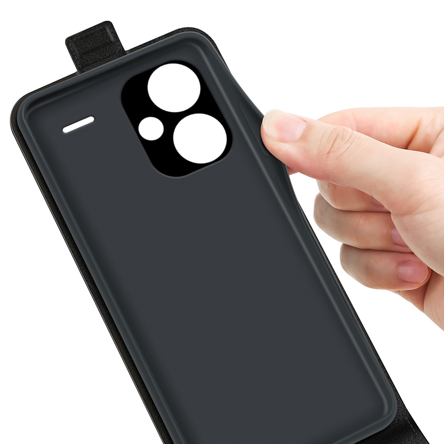 Eine Hand hält eine schwarze Handyhülle geöffnet. Das Telefon ist nicht sichtbar. Der Hintergrund ist weiß.