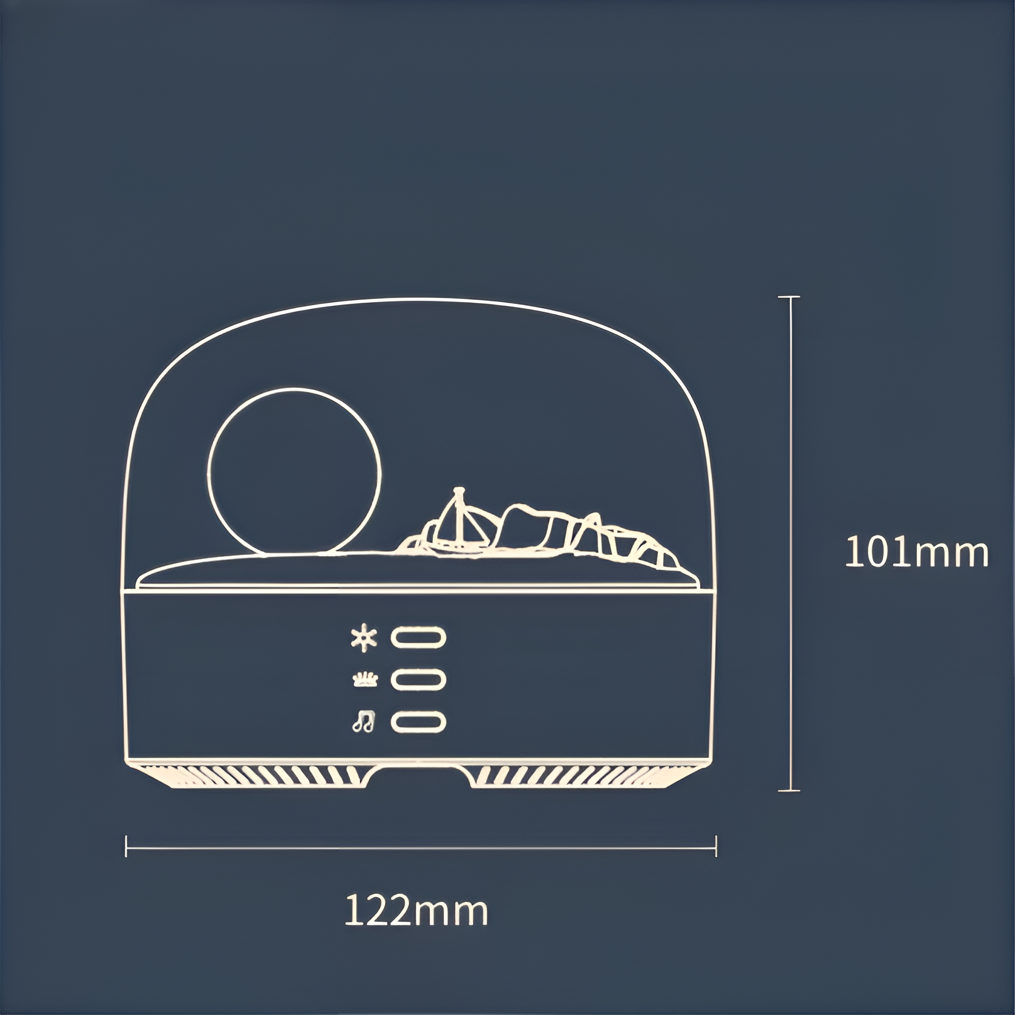 Umriss eines Geräts mit den Maßen 122mm x 101mm, mit Knöpfen und Symbolen.