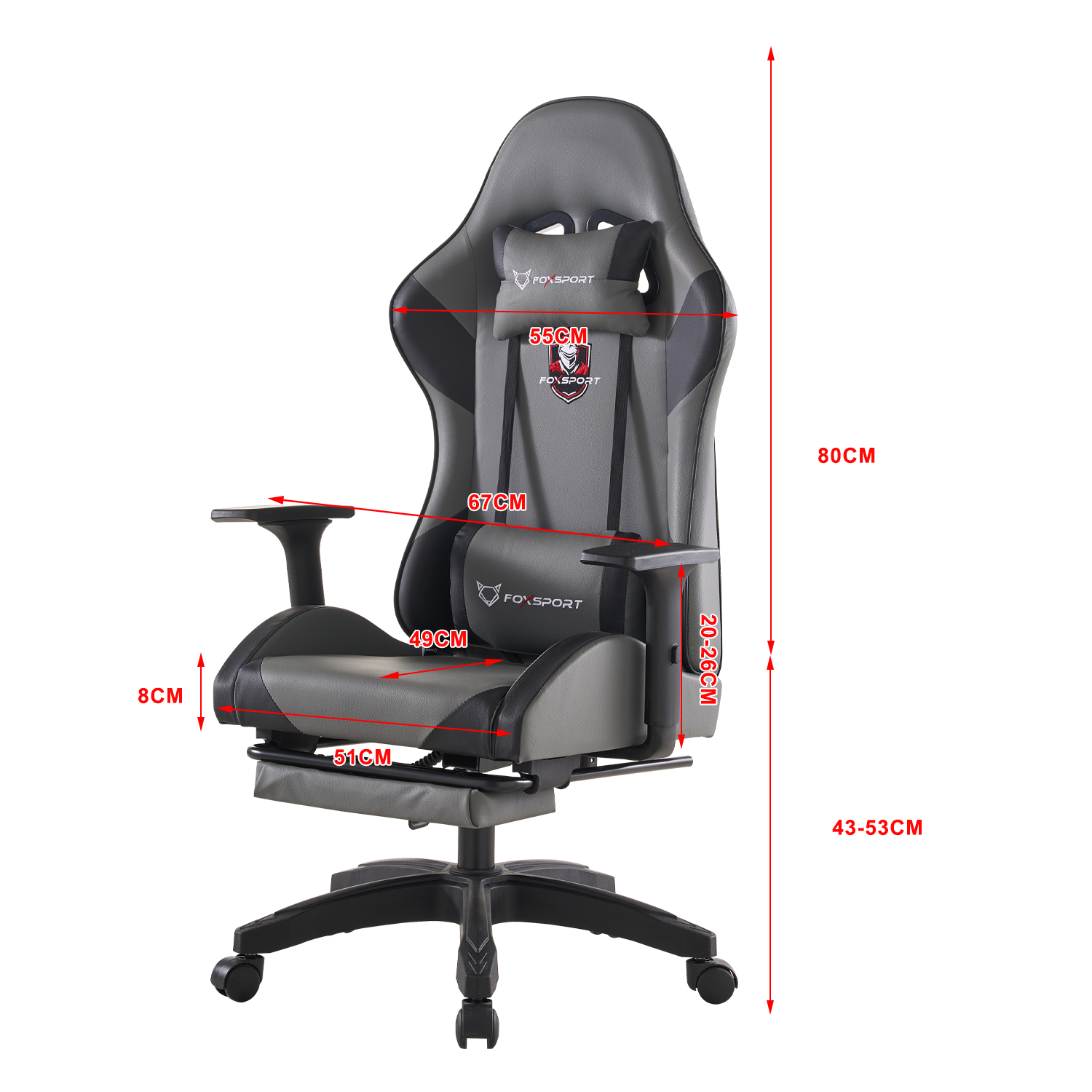 Silla gaming. Gris y negro, con dimensiones. Incluye reposacabezas, soporte lumbar, reposabrazos y base con ruedas.