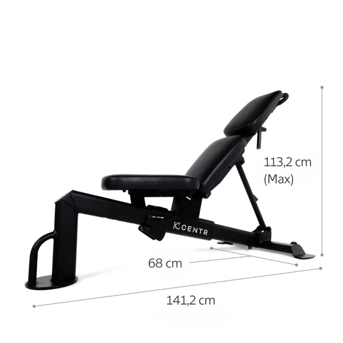 A black weight bench with Centr logo, with dimensions in cm. Black and gray color scheme.