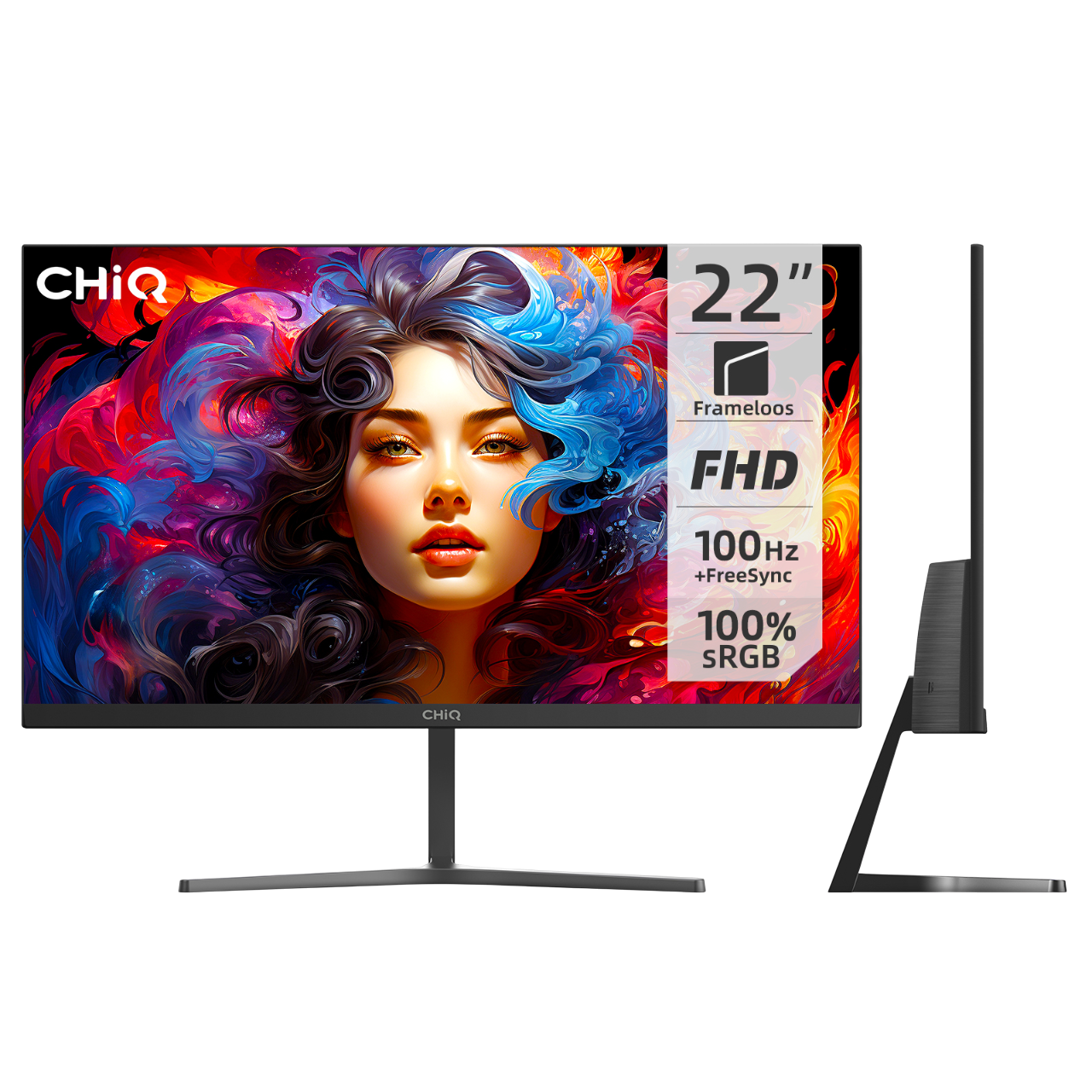 22-calowy monitor CHiQ bez ramek FHD z portretem kobiety.