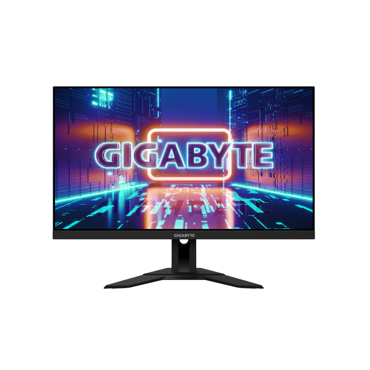Ein schwarzer Computermonitor mit einer farbenfrohen Grafik mit dem Wort GIGABYTE.
