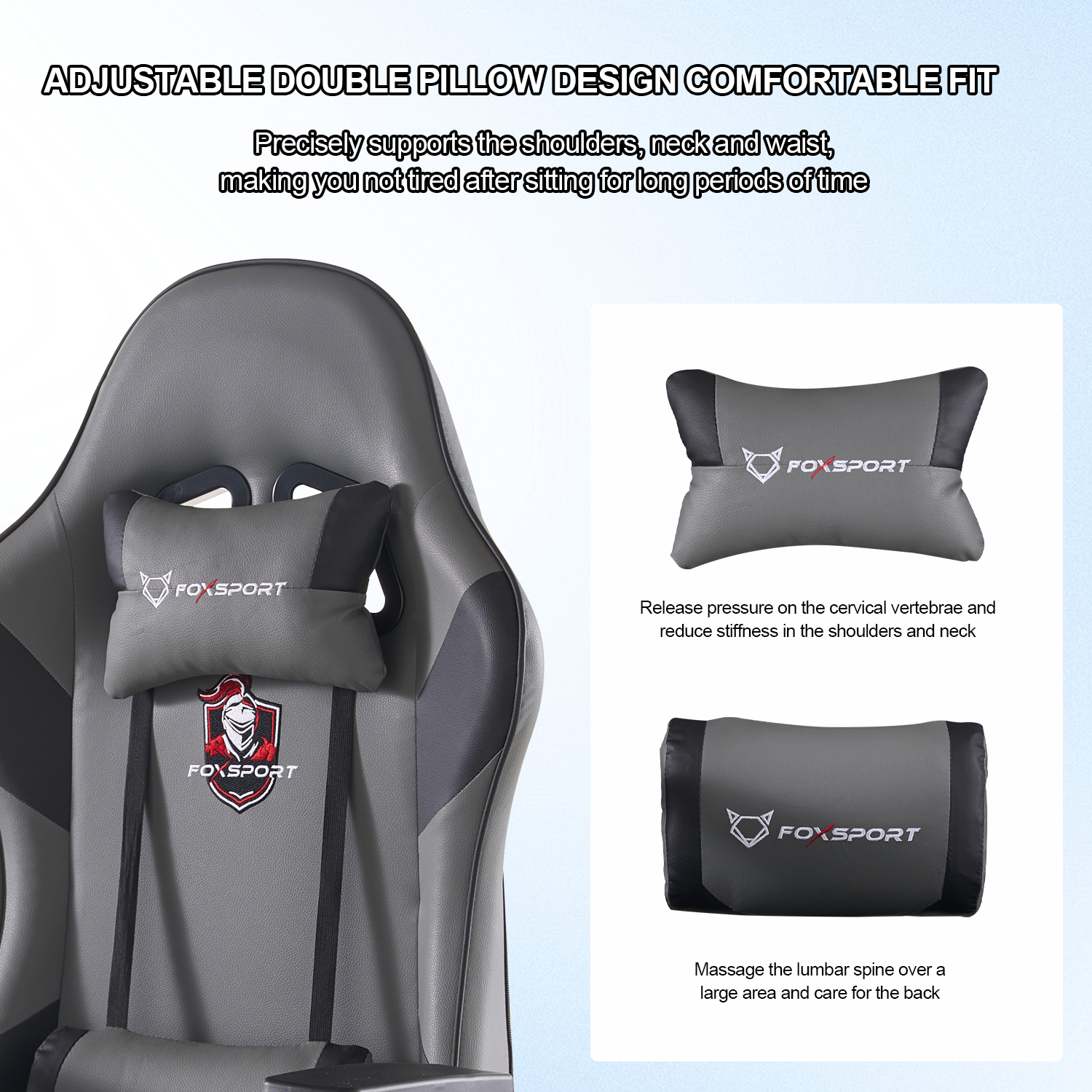 Una silla gamer con reposacabezas y soporte lumbar, con texto y diagramas.