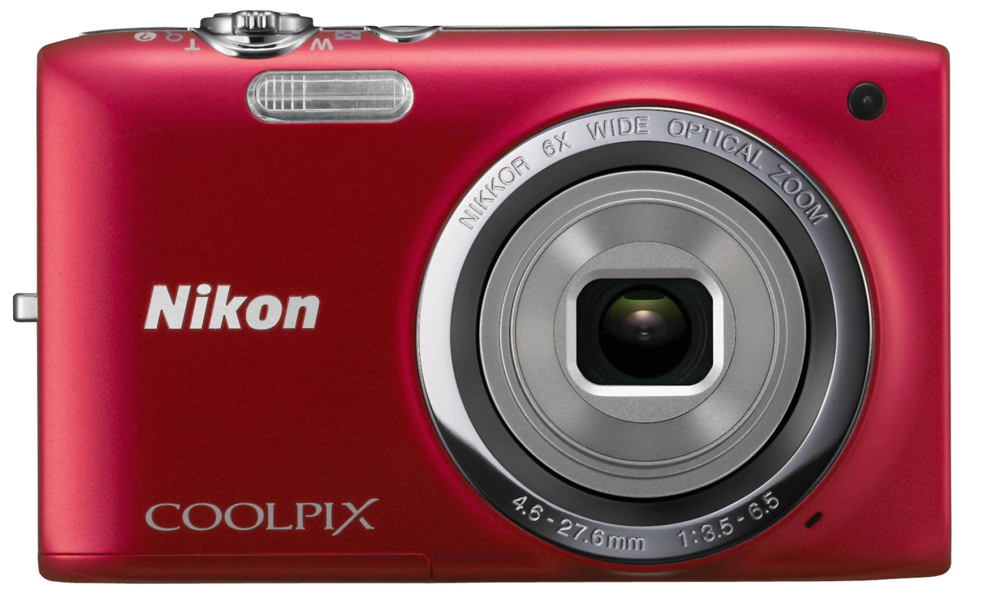Eine rote Nikon Coolpix Kamera mit silbernem Objektiv und schwarzen Details.