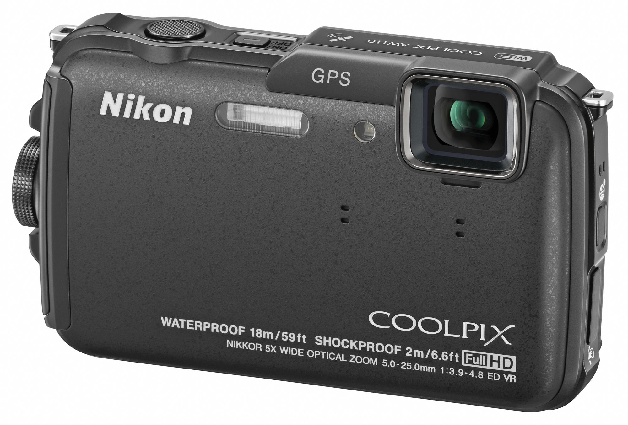 Siyah bir Nikon Coolpix kamera, su geçirmez ve darbeye dayanıklı.