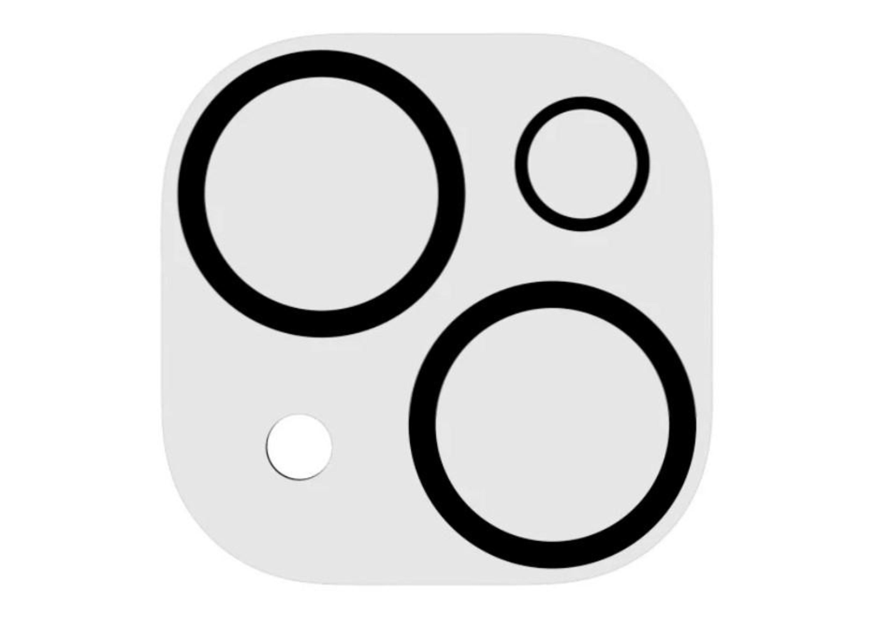 Ochrona obiektywu aparatu z trzema kołami i małą kropką, na białym tle.