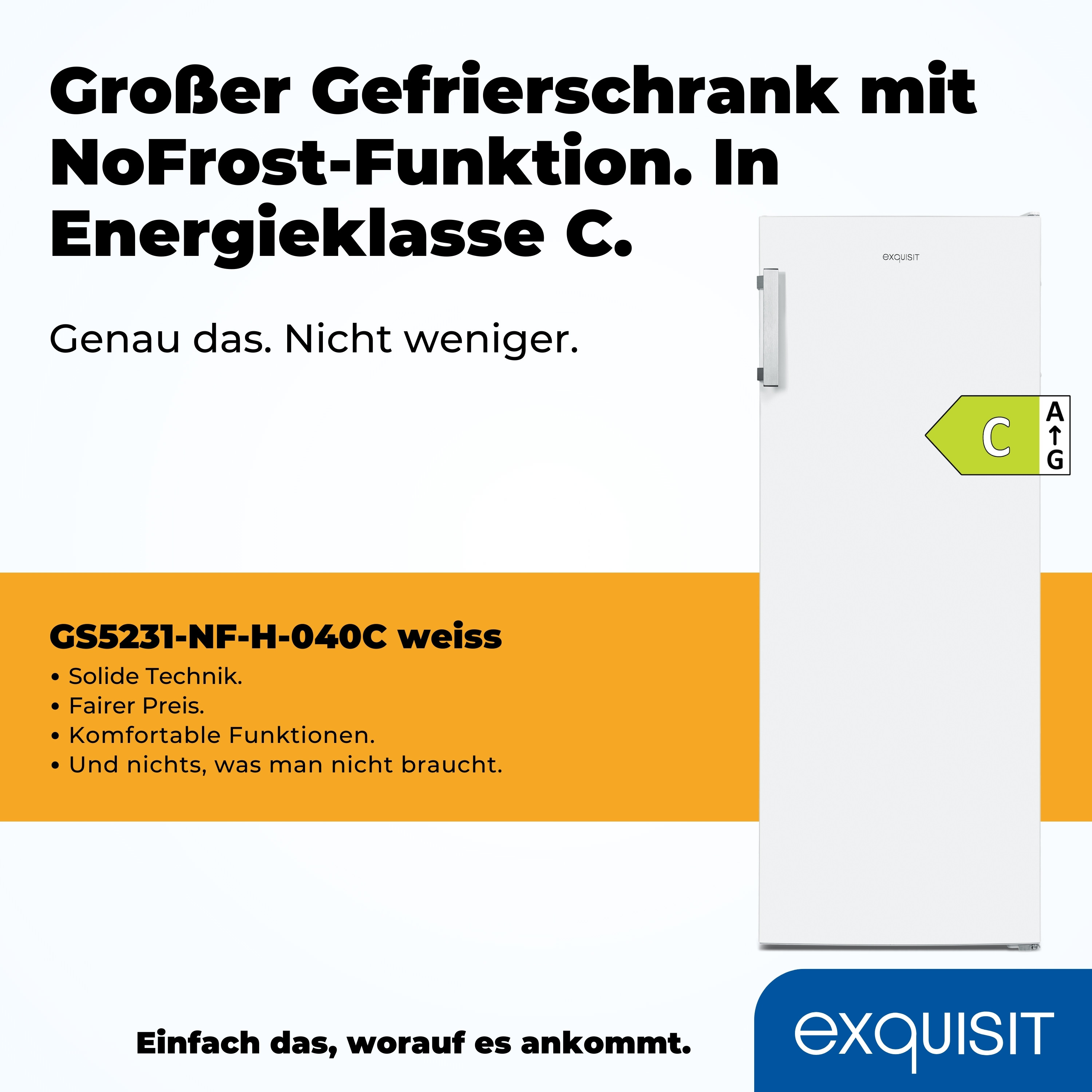 Weißer Kühlschrank mit Energielabel. Deutscher Text beschreibt die Eigenschaften.