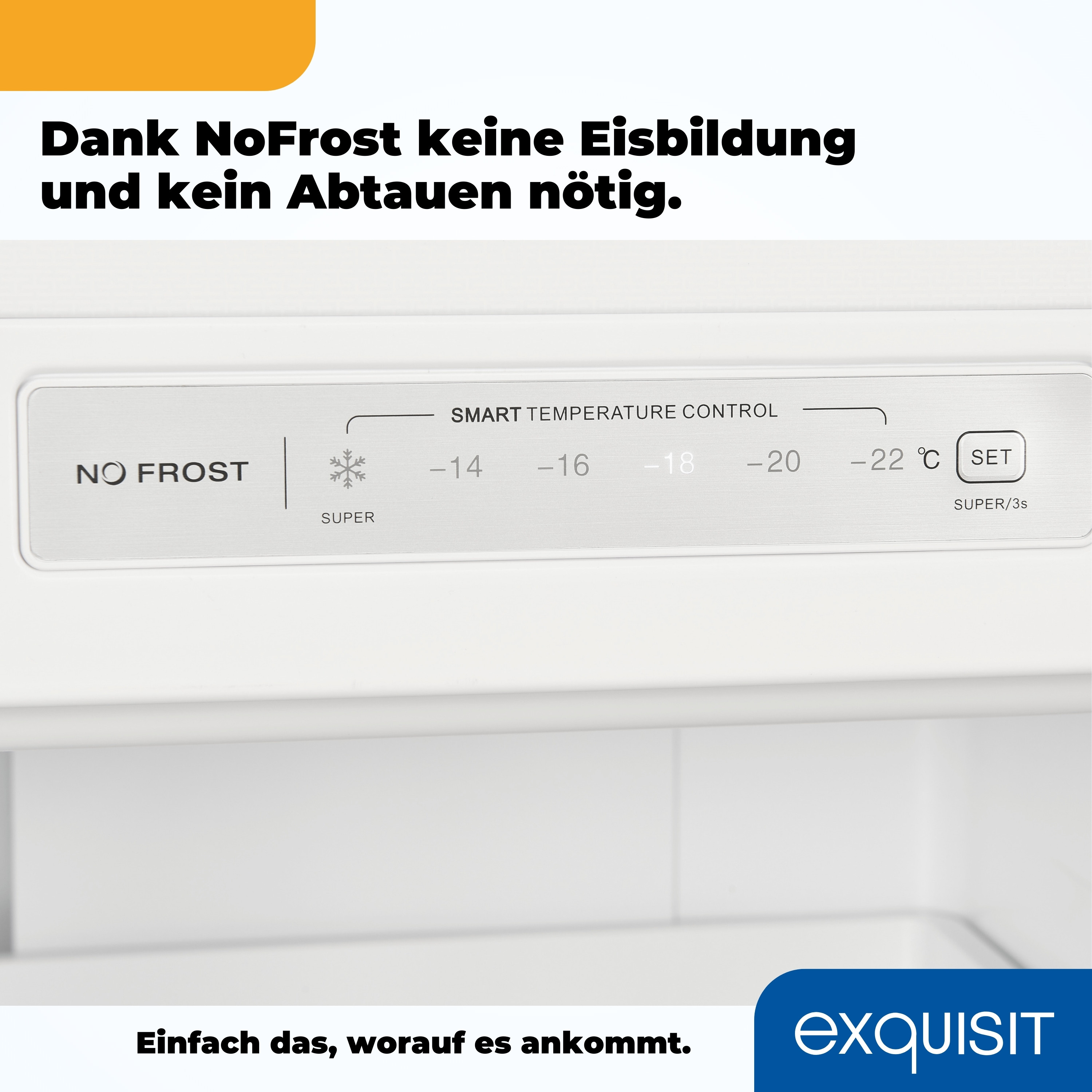 Ein Kühlschrank-Bedienfeld mit Temperatureinstellungen und einem No Frost-Etikett.