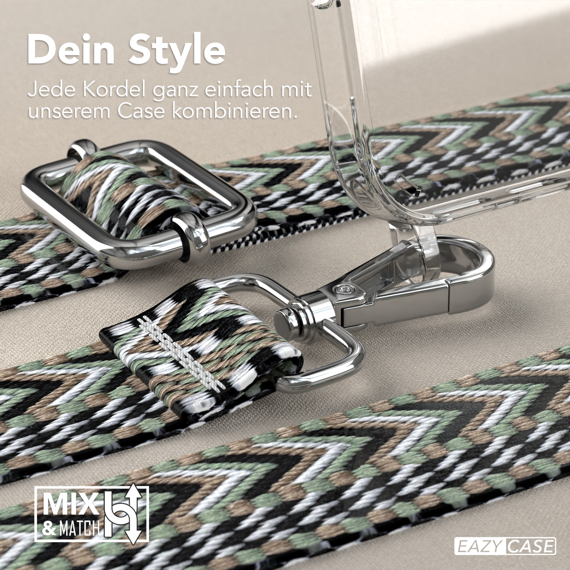 Handyhülle mit Riemen, silberne Hardware. Riemen hat ein grünes, schwarzes und braunes Zickzackmuster.