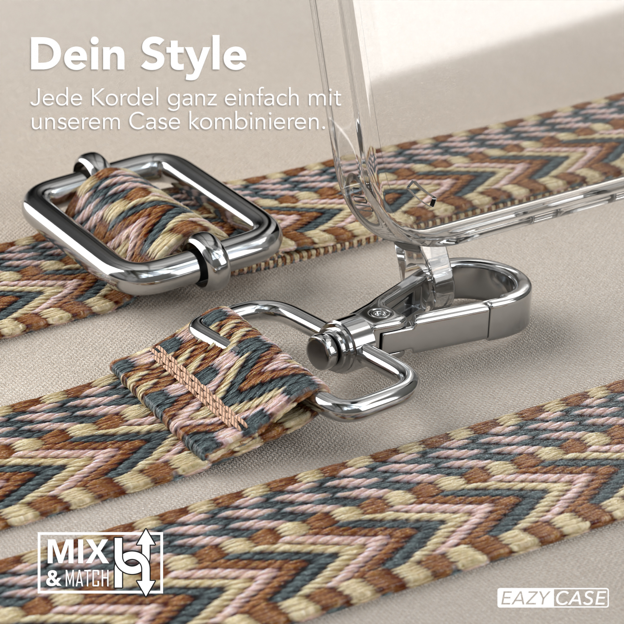 Ein Telefonband mit einem beige-blauen Muster, silberner Hardware und einer transparenten Handyhülle.