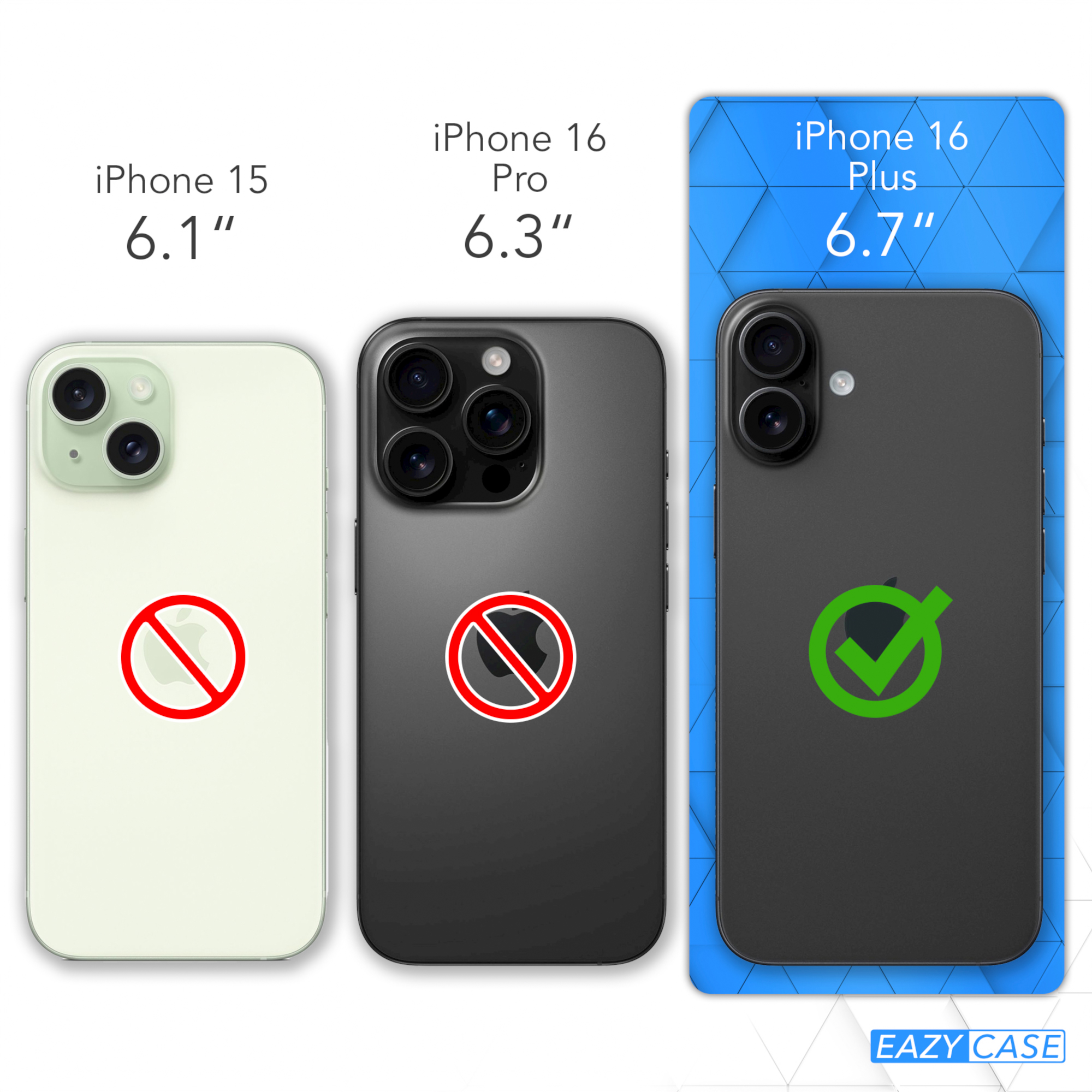 Bildvergleich von drei iPhone-Größen: iPhone 15 (rotes X), iPhone 16 Pro (rotes X) und iPhone 16 Plus (grüner Haken).