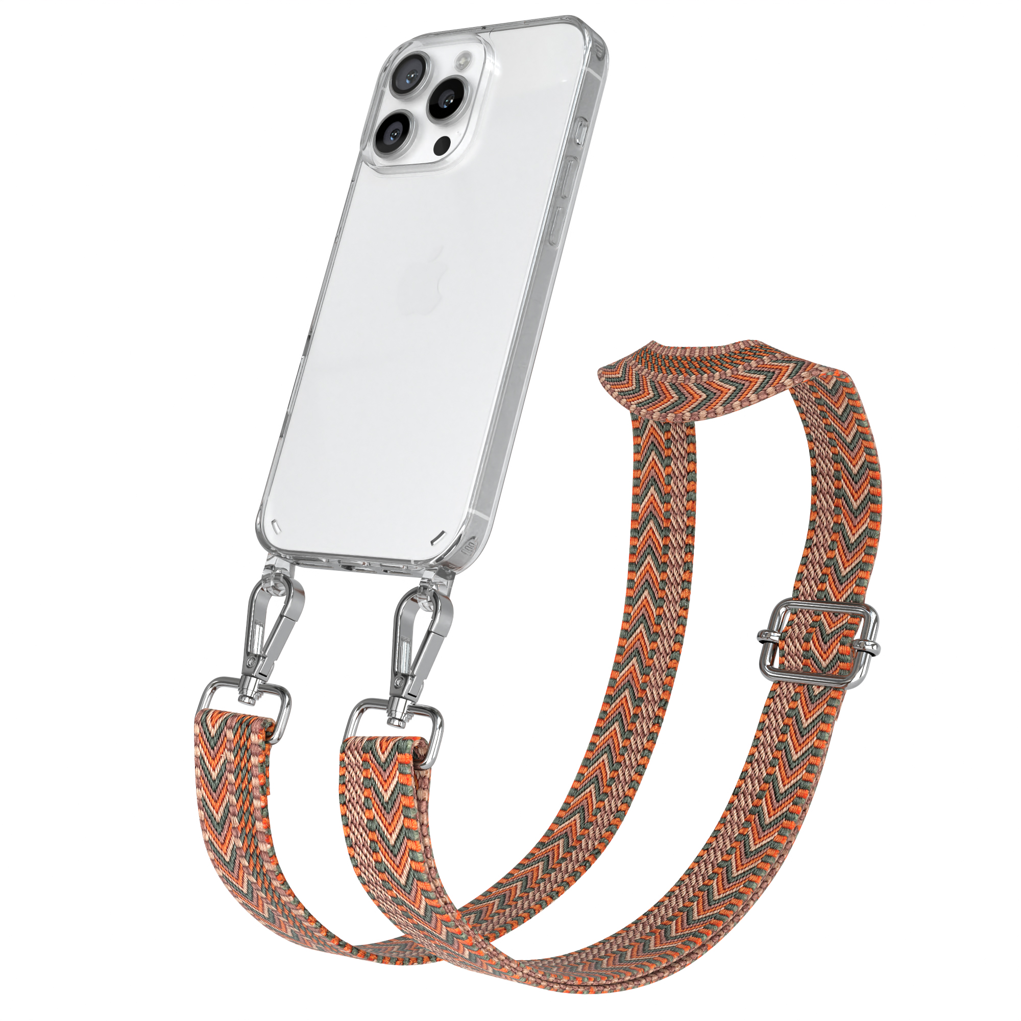 Transparente Handyhülle mit Riemen. Orange, weiß und braun gemusterter Riemen. Silberne Beschläge. Weißer Hintergrund.