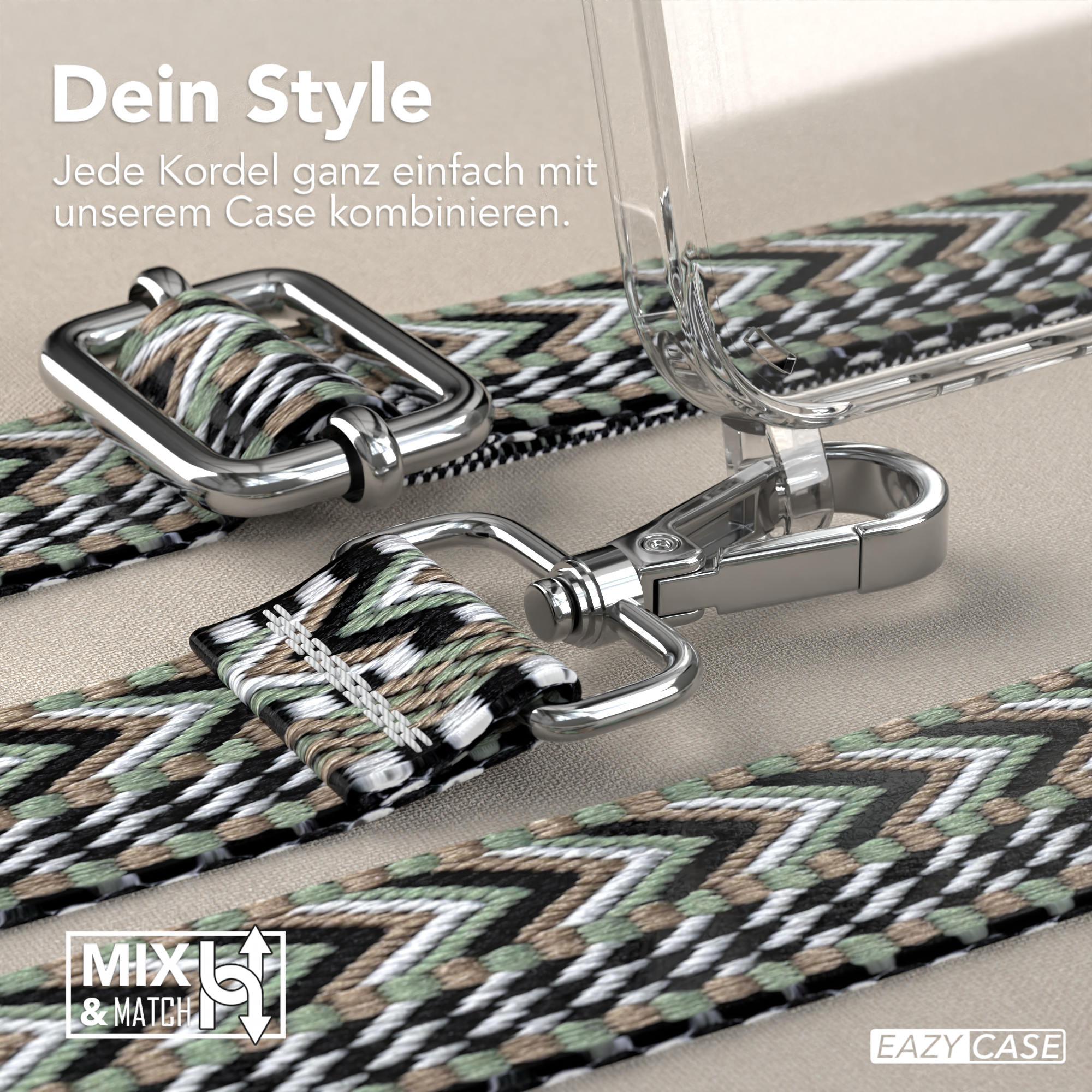 Nahaufnahme einer Handyhülle mit Trageriemen. Text: Mix & Match.