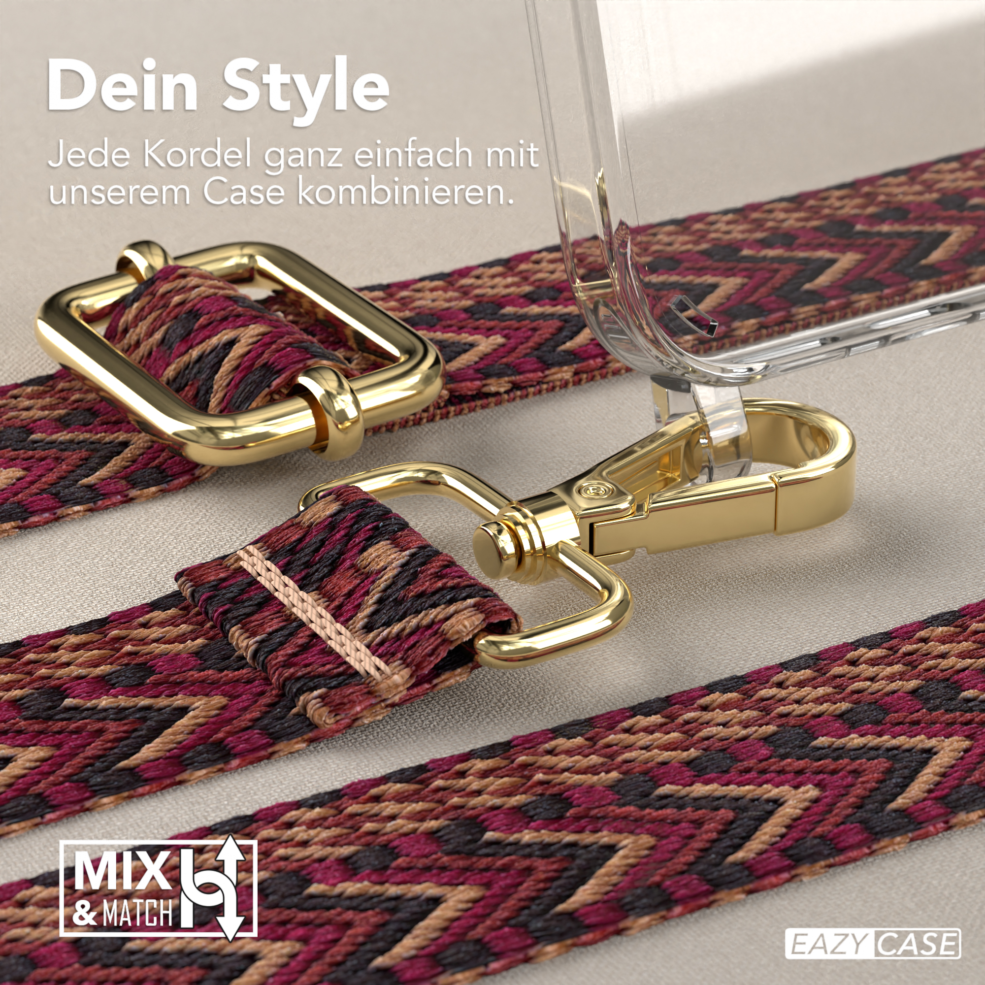 Nahaufnahme einer Handyhülle mit Trageriemen und goldenem Verschluss. Der Riemen hat ein rot-braunes Muster.