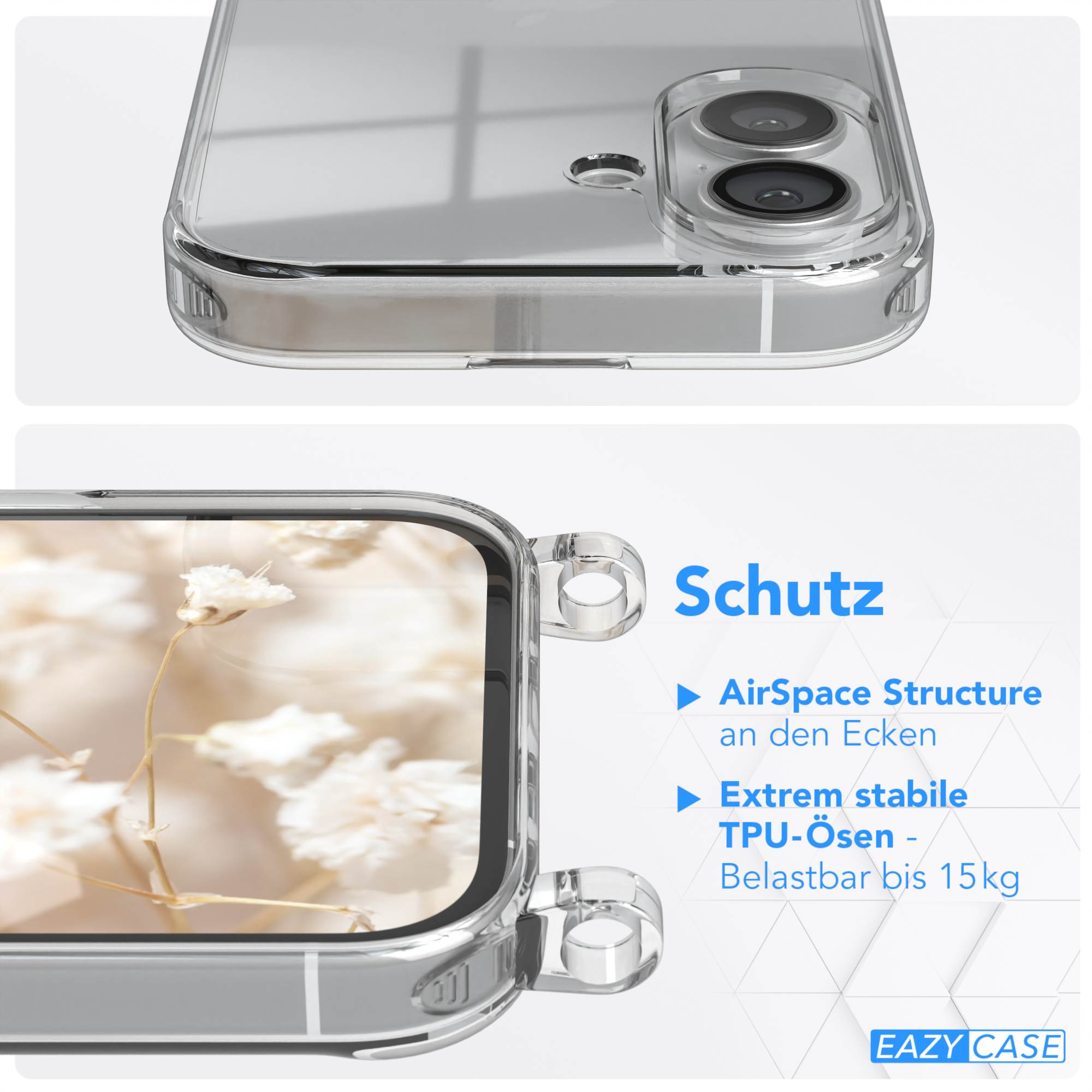 Eine transparente Handyhülle mit floralem Hintergrund. Textdetails Luftraum und TPU-Schutz.