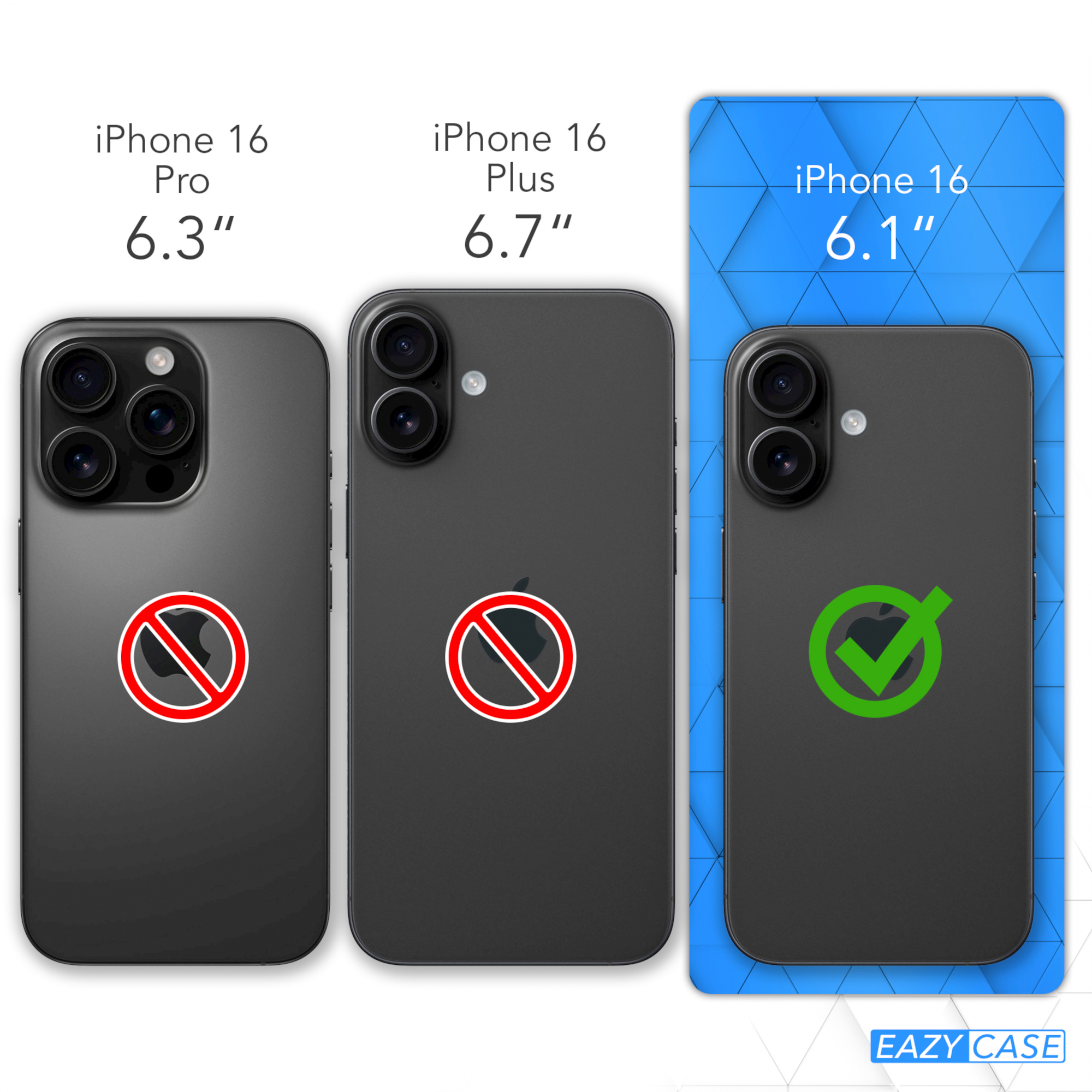 Drei Handys, iPhone 16 Pro, Plus und Basismodell, zeigen Größenunterschiede.