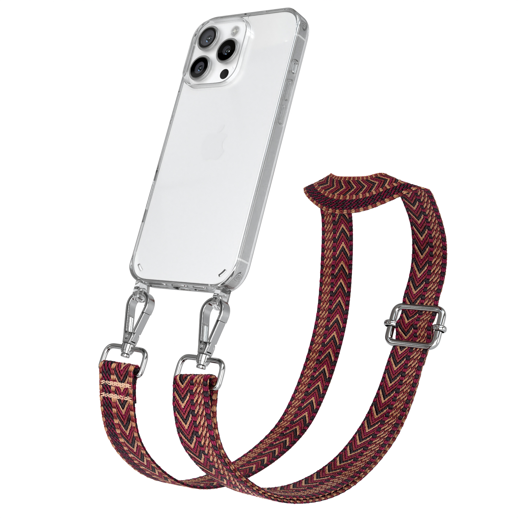 Transparente iPhone-Hülle mit weinrotem Chevron-Gurt.