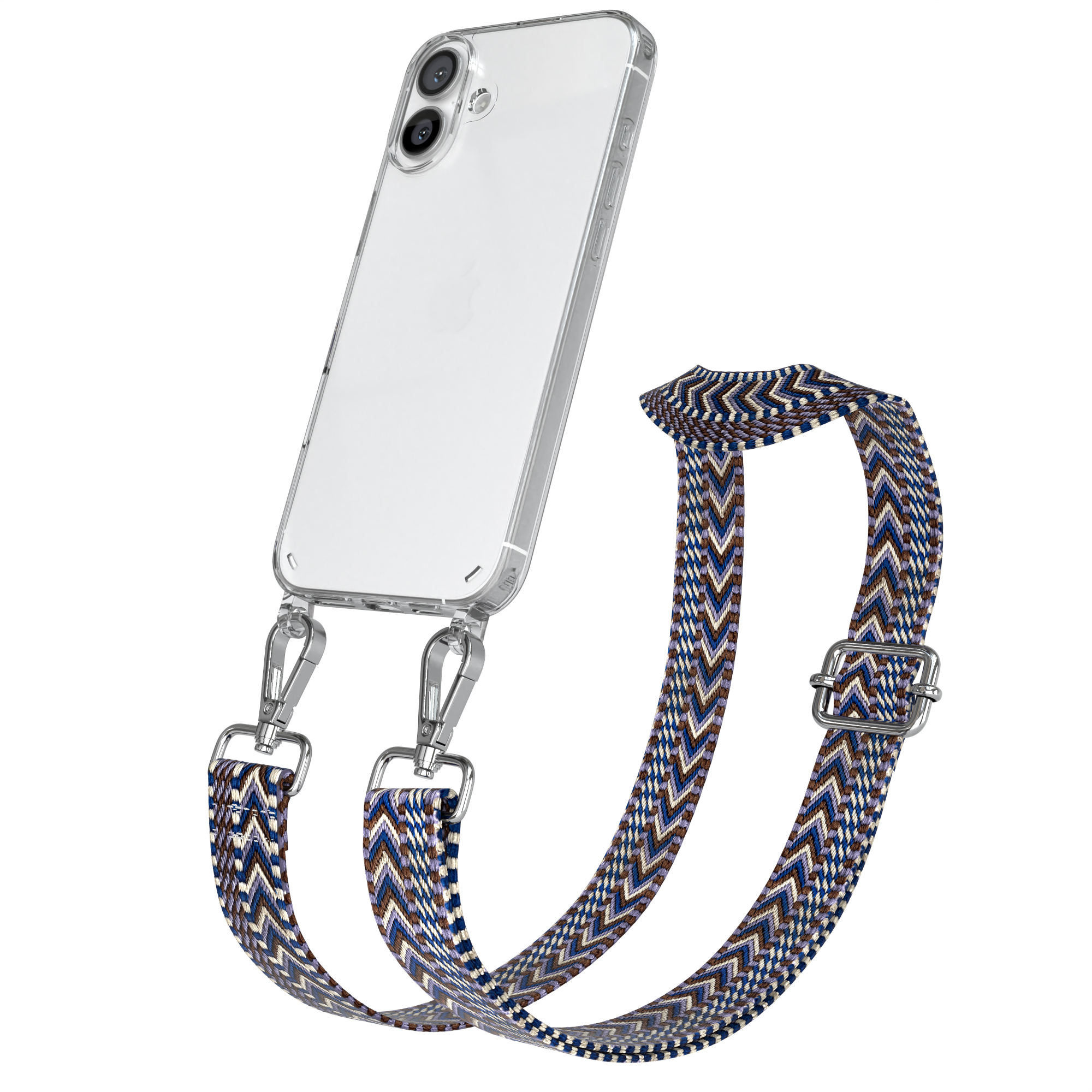 Transparente Handyhülle mit blauem und braunem Zickzack-Muster-Gurt. Das Telefon ist angewinkelt, zeigt die Kamera.