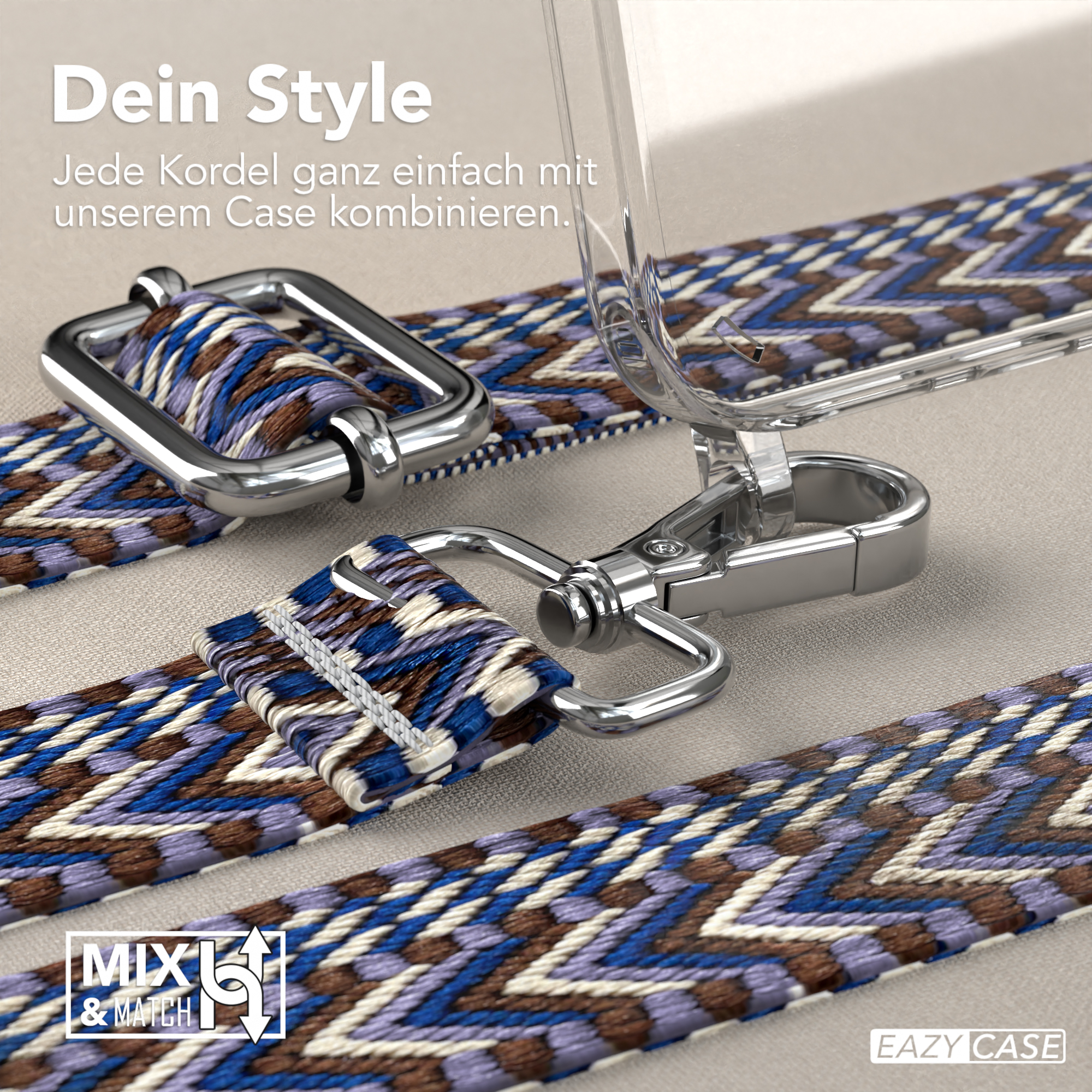 Nahaufnahme von Handyhüllenriemen mit Mustern. Silberner Verschluss und transparente Handyhülle.