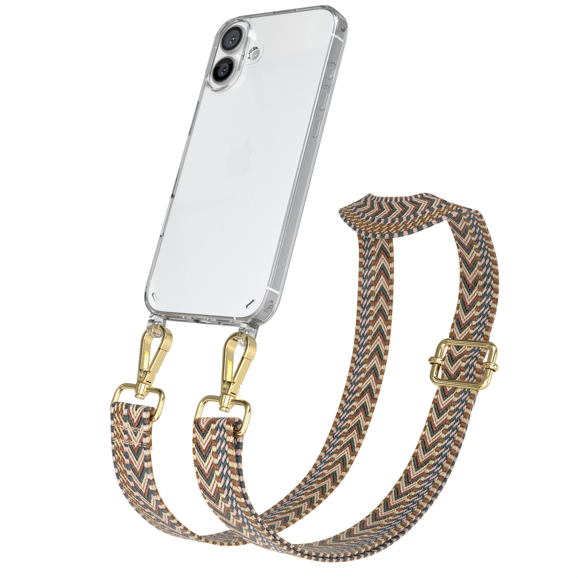 Ein Telefon mit einer transparenten Hülle und einem bunten Riemen mit goldenen Verschlüssen, weißer Hintergrund.