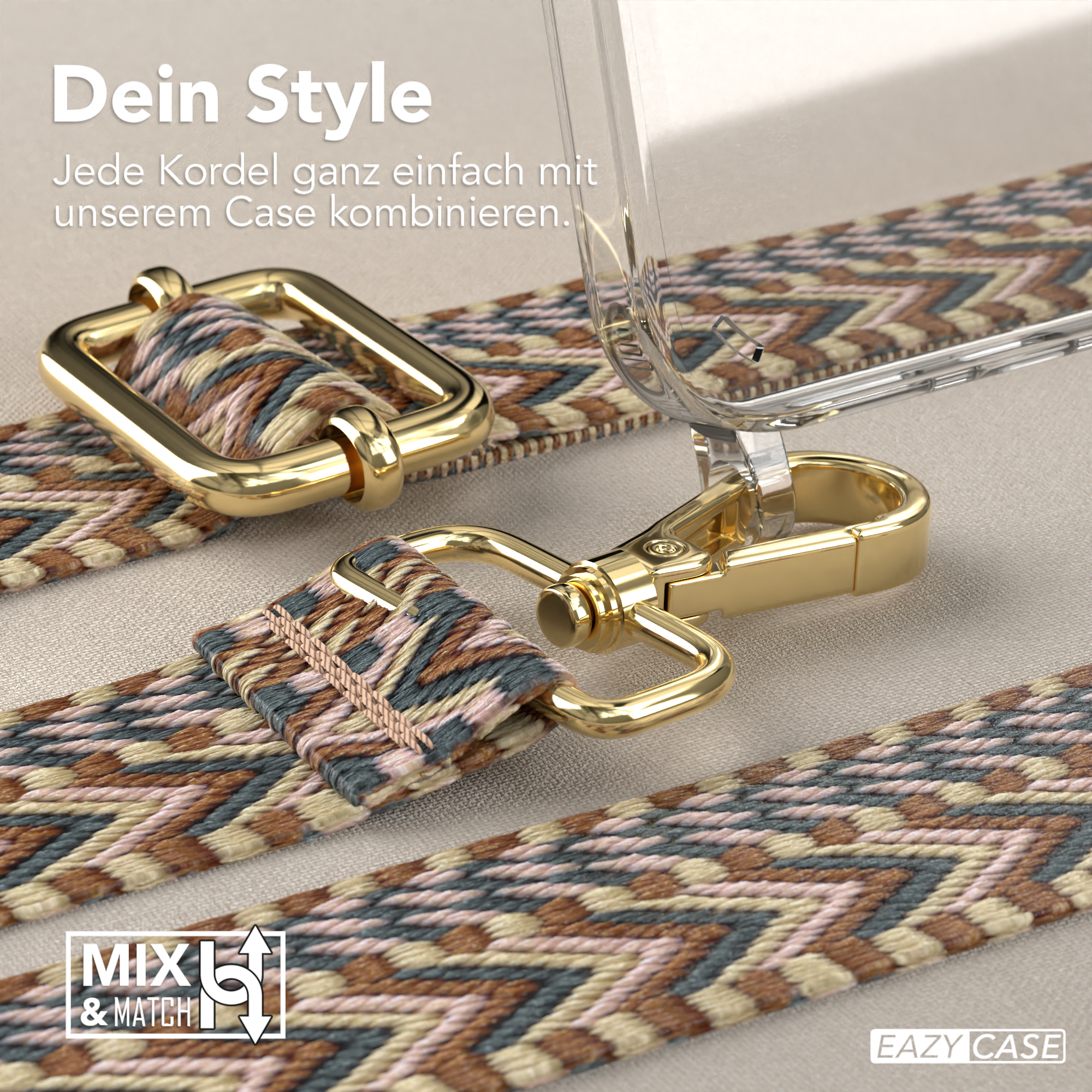 Nahaufnahme einer Handyhülle mit Riemen. Goldener Verschluss und brauner und beiger Stoff.