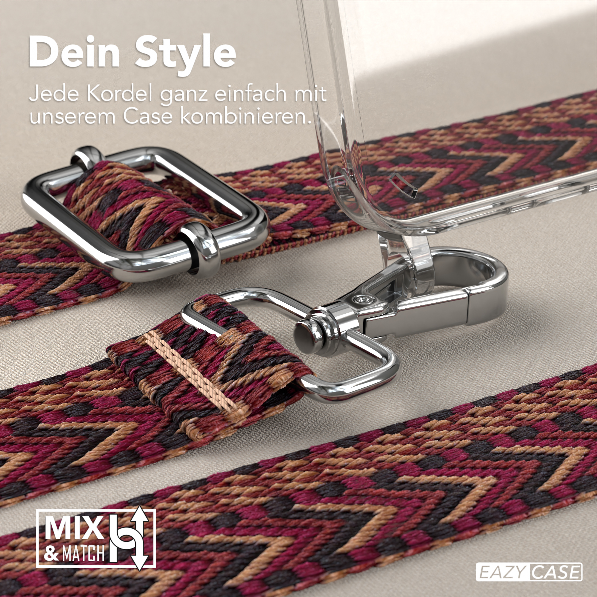 Nahaufnahme einer Handyhülle mit Band. Es ist ein rot-braun-schwarz gemustertes Band mit einem silbernen Metallverschluss.