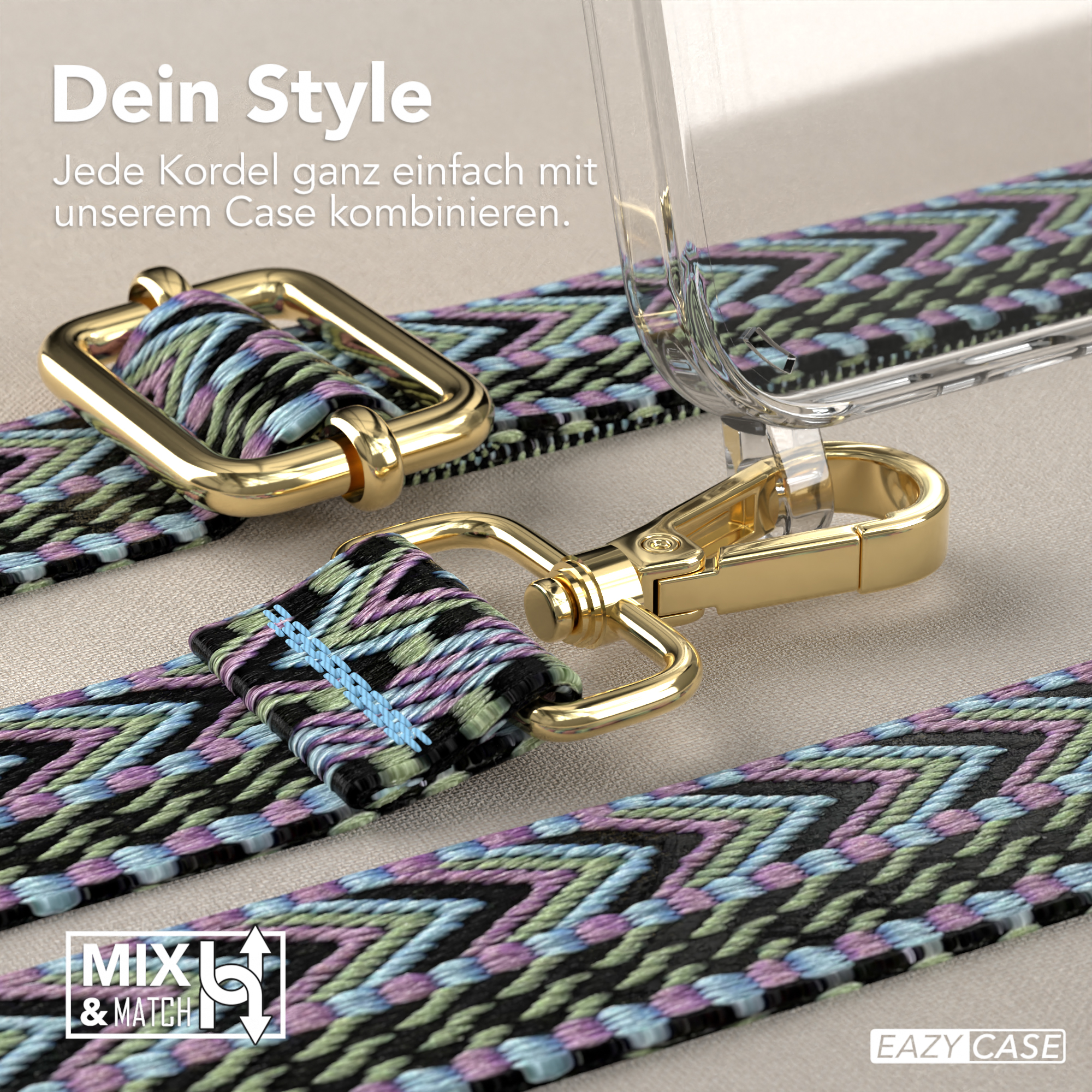 Nahaufnahme eines Telefonbandes und einer Handyhülle mit goldenem Verschluss. Gemustertes Band.