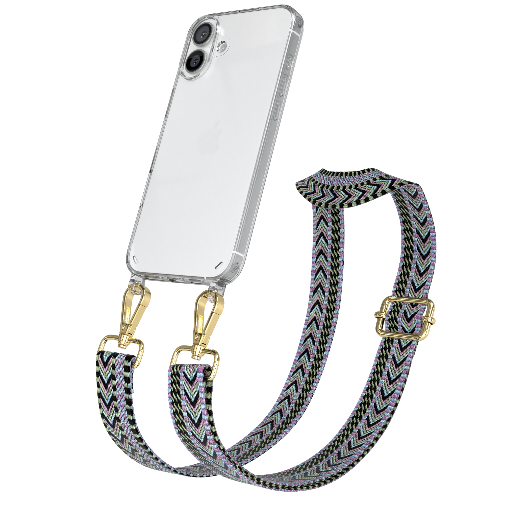 Eine transparente Handyhülle mit buntem Trageriemen. Der Riemen ist schwarz, grün und lila.
