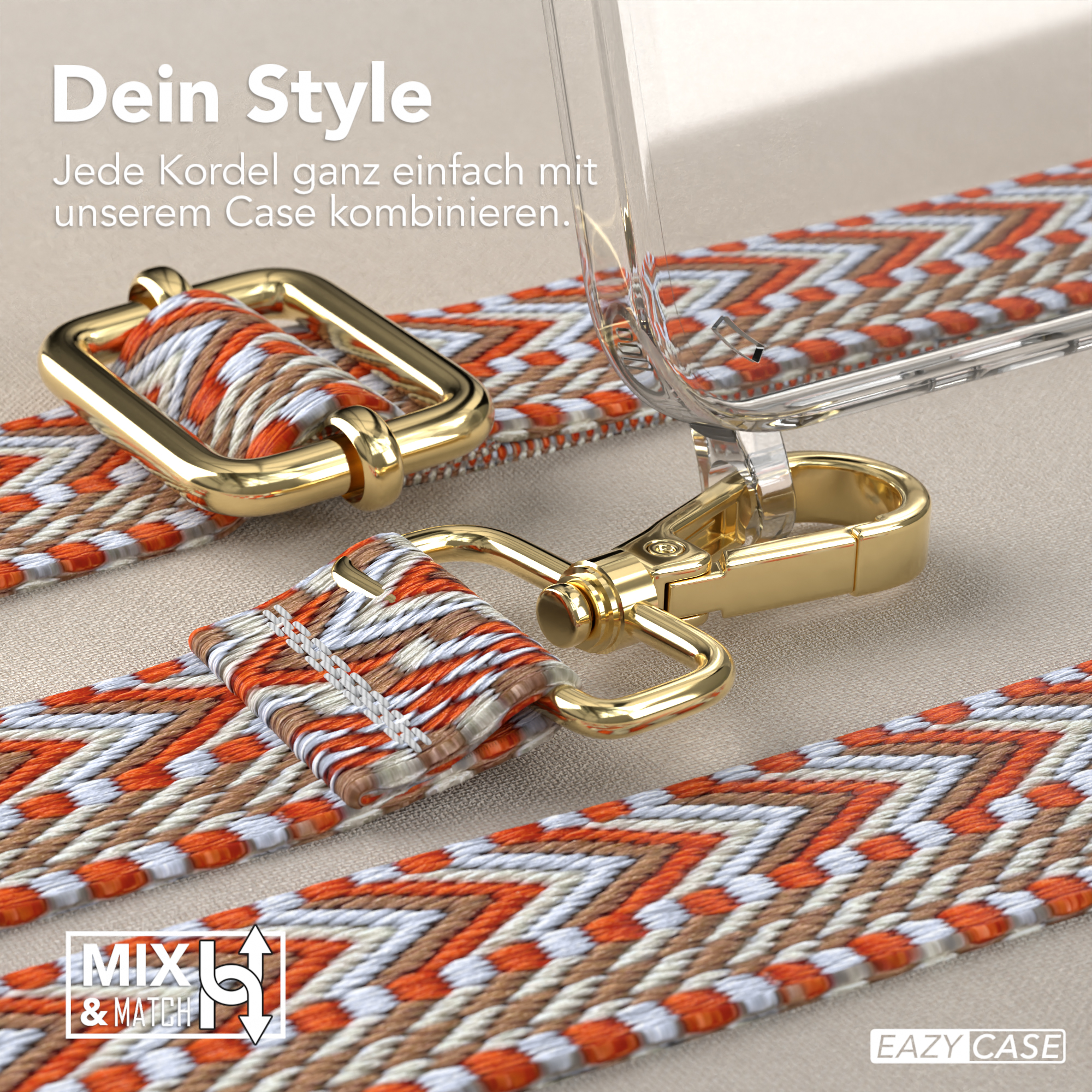 Nahaufnahme einer Handyhülle mit Riemen. Der Riemen ist orange und braun mit goldfarbener Metallbeschlägen.