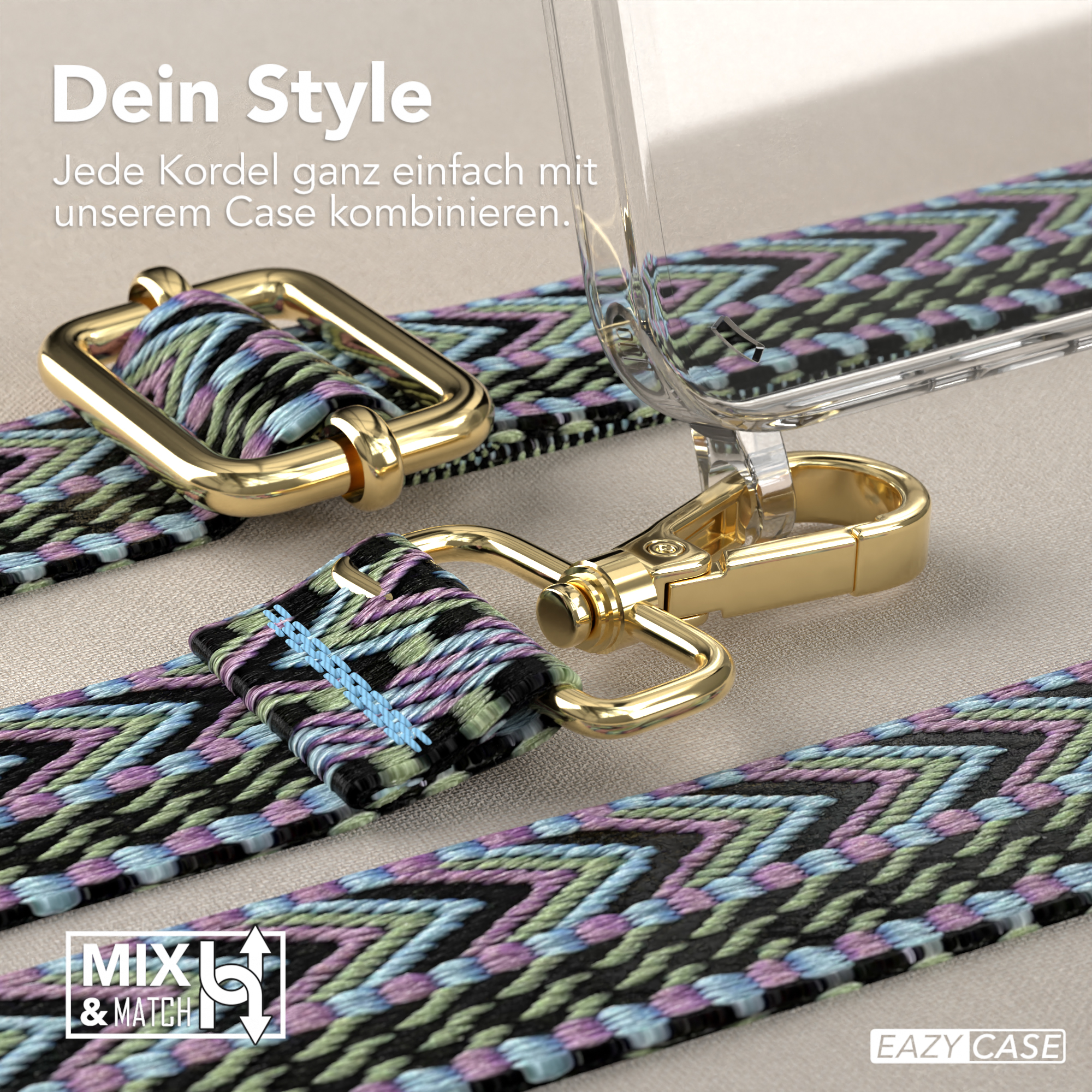 Nahaufnahme von Telefonriemen mit goldfarbenen Verschlüssen. Die Riemen sind bunt mit geometrischem Design.