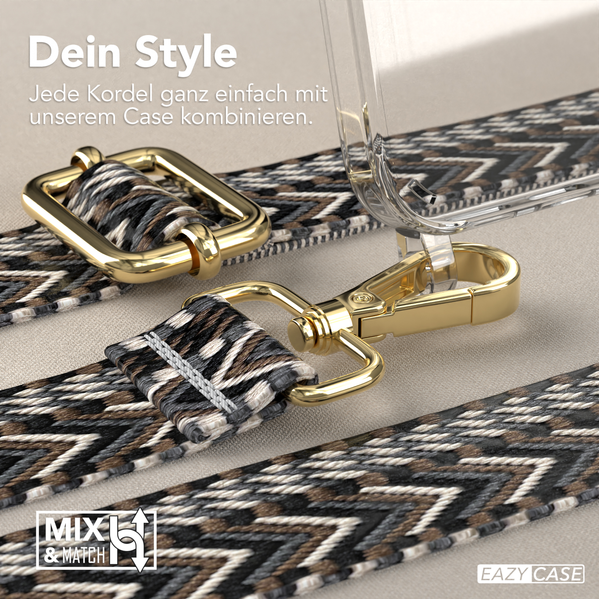 Nahaufnahme einer Handyhülle, goldene Akzente und ein gemusterter Gurt.