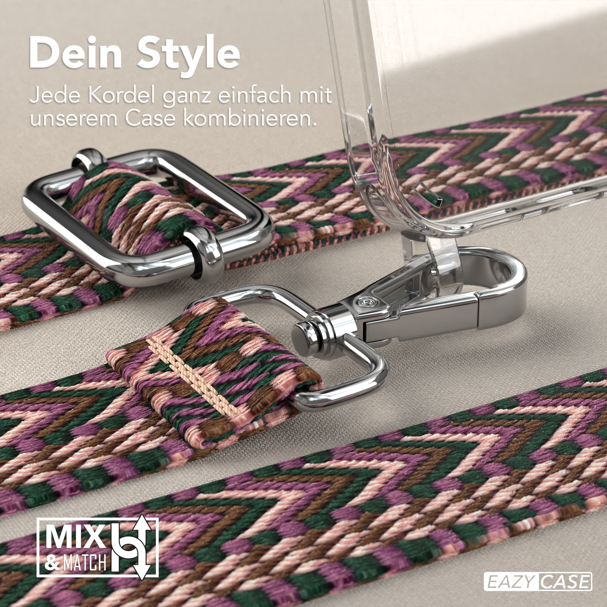 Nahaufnahme einer Handyhülle mit Band. Das Band besteht aus gewebtem Material mit Metallverschlüssen.