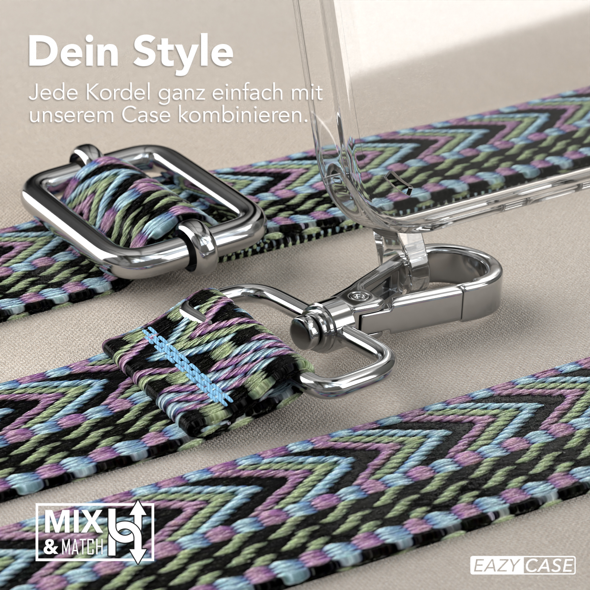 Eine transparente Handyhülle mit einem Riemen. Der Riemen ist mit Schwarz, Blau und Rosa gemustert.