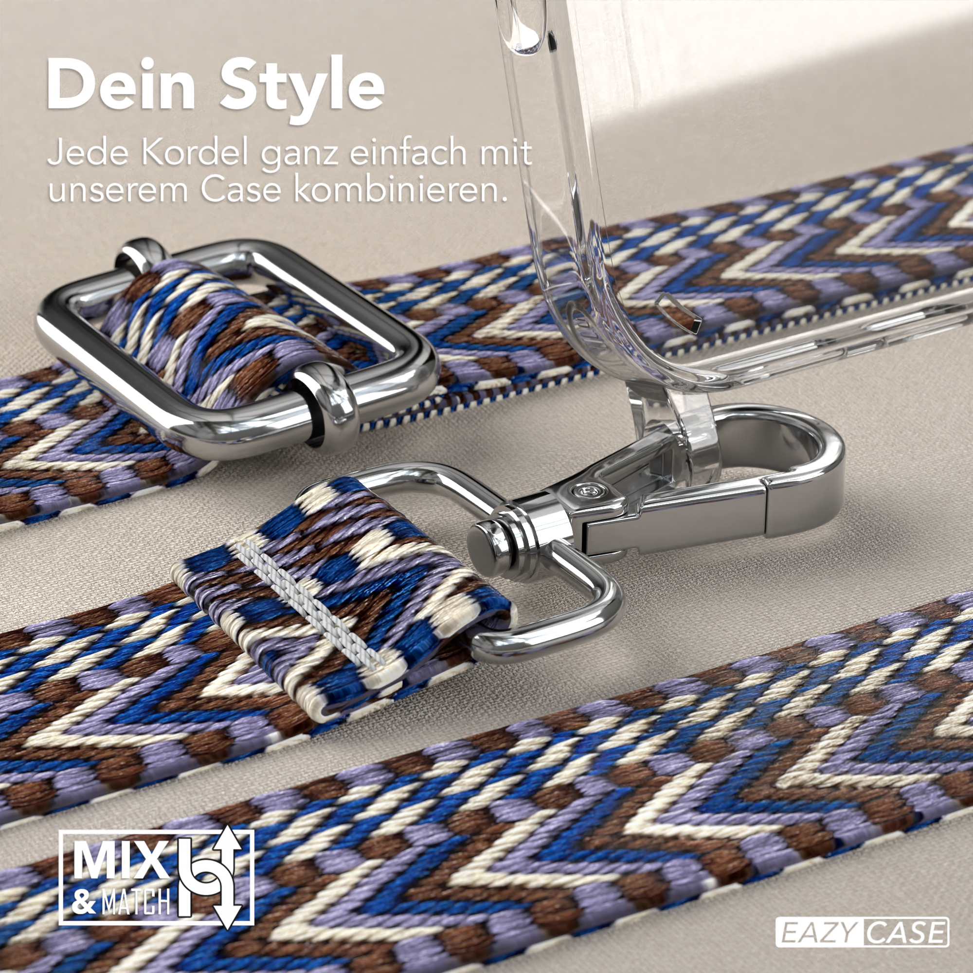 Nahaufnahme einer Handyhülle mit Riemen. Der Riemen ist blau und braun, mit silbernem Haken und Verschluss.