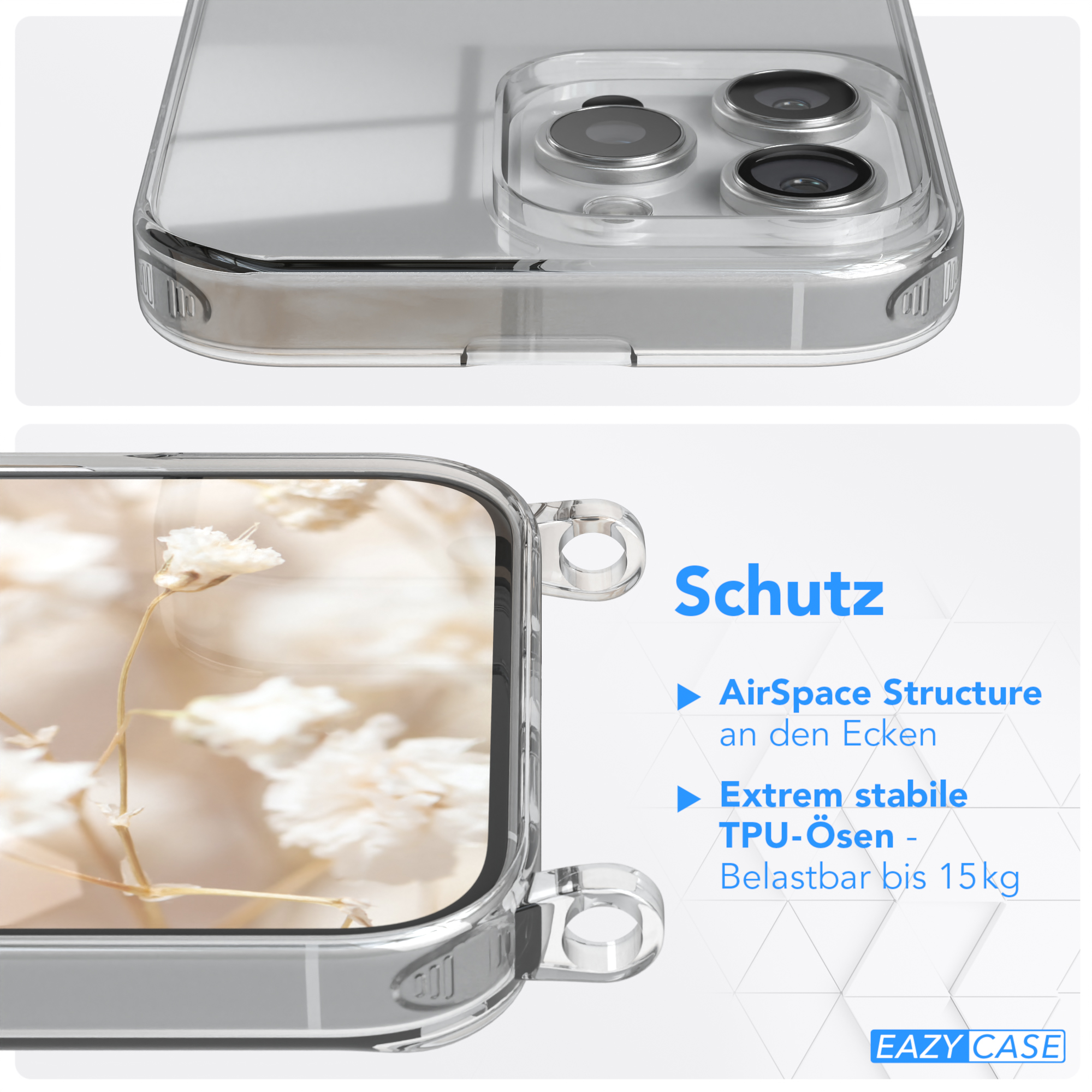 Transparente Handyhülle mit Details zu ihren Funktionen. Text: AirSpace, TPU-Ösen. Marke: EAZY CASE.