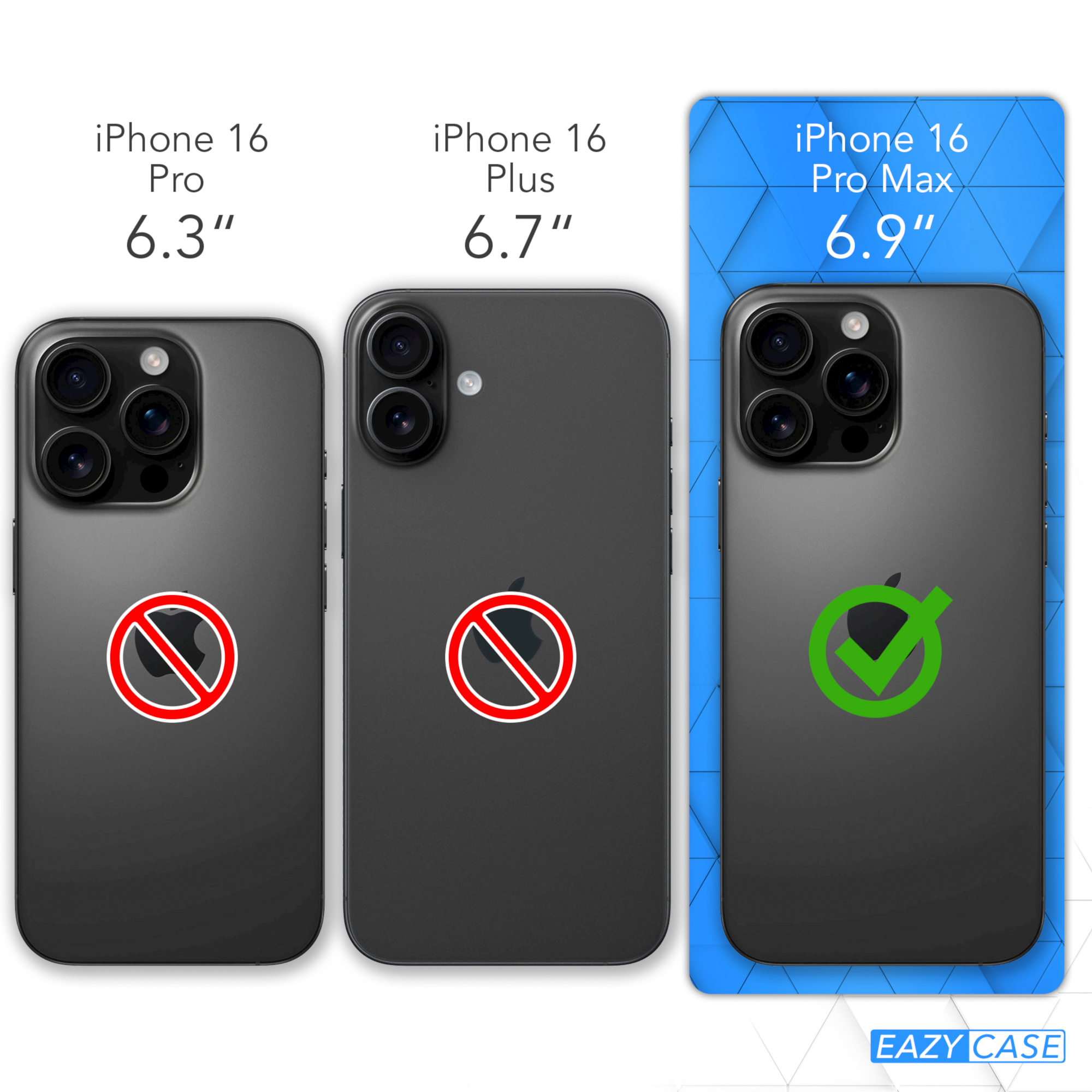 Drei dunkelgraue iPhone 16-Modelle. Das Pro Max in blauem Rahmen, mit Häkchen.