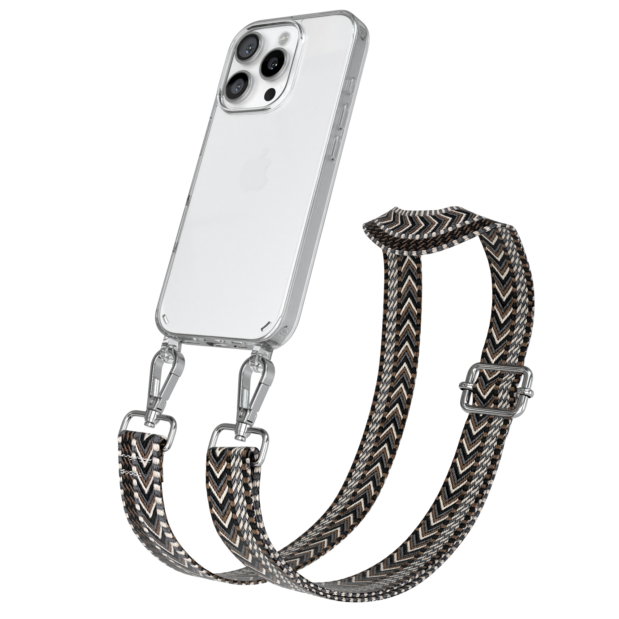 Klares Telefon mit gemustertem Riemen. Der Riemen hat ein Chevron-Design in Schwarz, Weiß und Braun.