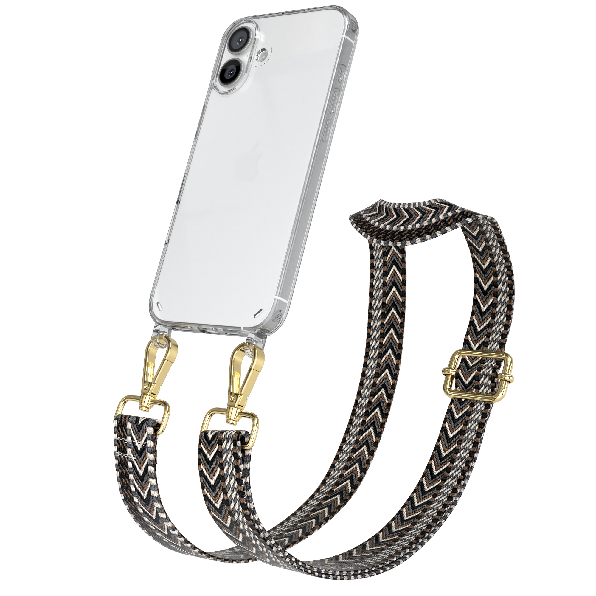 Transparente Handyhülle mit Trageriemen und befestigtem Telefon, mit goldfarbenen Haken und Schnalle.