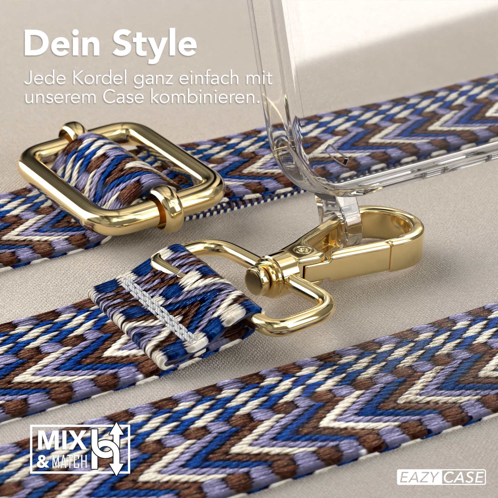 Nahaufnahme einer Handyhülle mit Trageriemen und goldenem Verschluss. Blaues und violettes Musterband gezeigt.