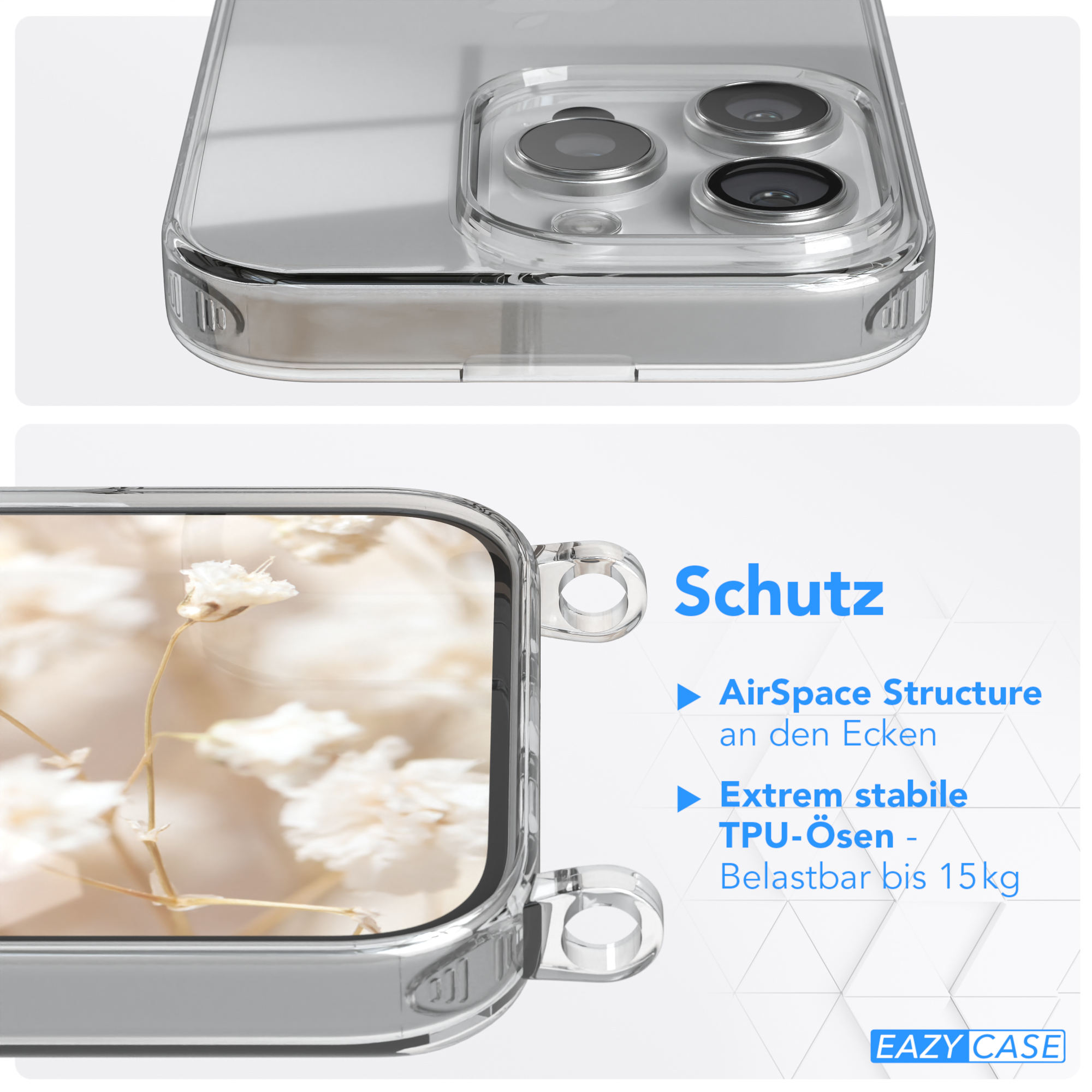 Transparente Handyhülle mit Kameraausschnitt. Text lautet Schutz, AirSpace und Extrem stabil.