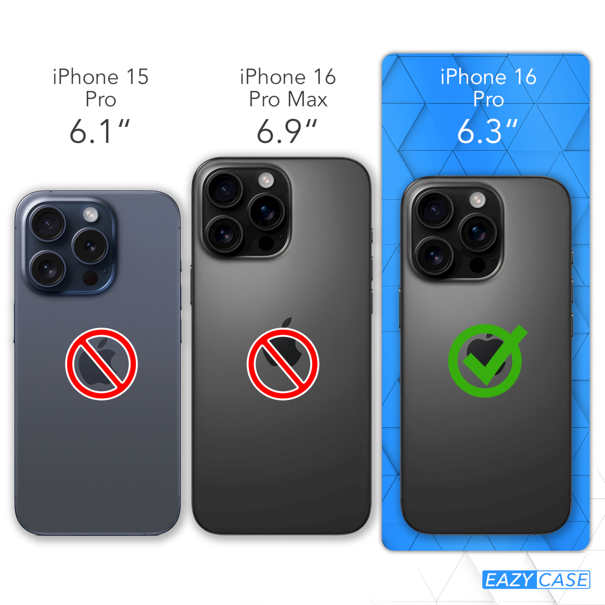 Drei Smartphones, wobei das iPhone 16 Pro als die richtige Größe markiert ist.