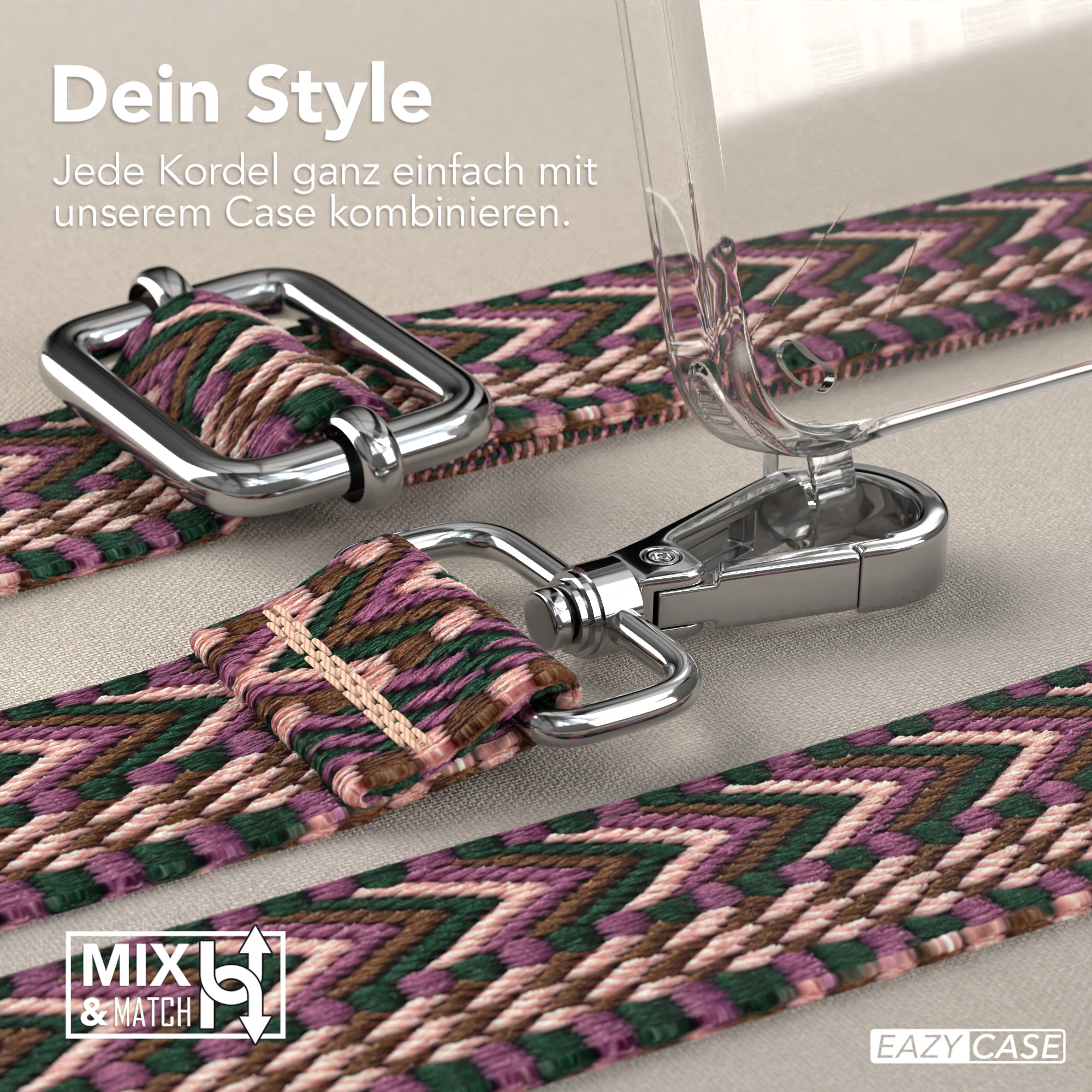 Nahaufnahme einer Handyhülle, eines Trägers und Metallverschlüssen. Gemusterter Riemen in Pink, Grün und Braun.